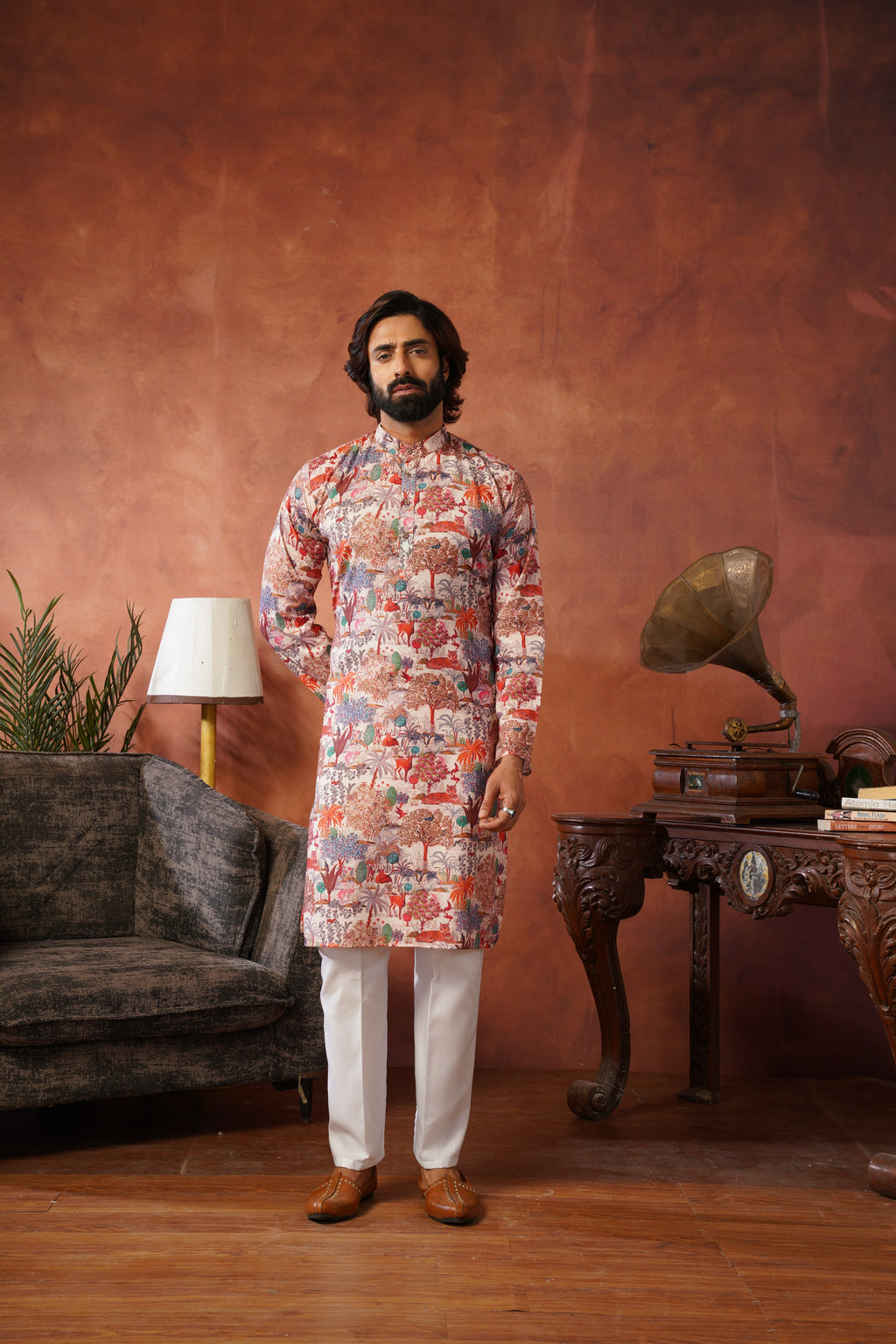 Peach Heritage Forest Illustration Kurta Set