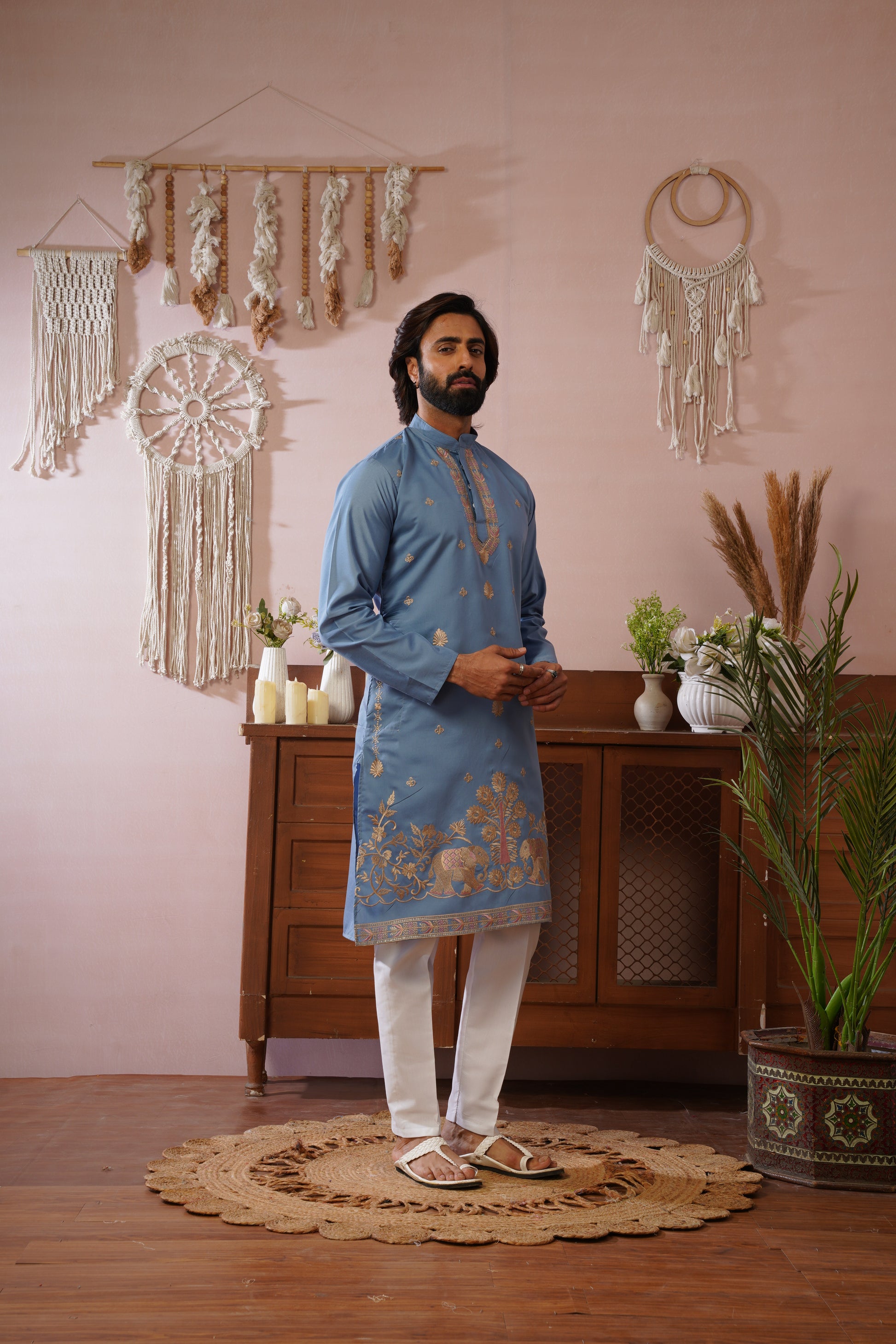 Regal Haathi Darbar Embroidered Blue Kurta Set