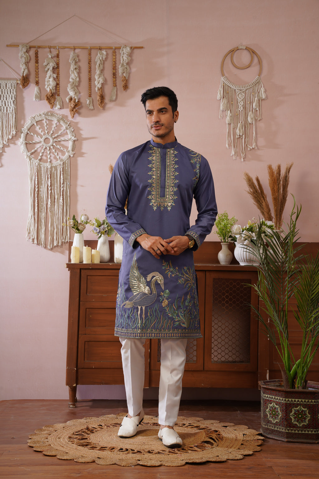 Midnight Morbagh Neckwork Embroidered Mens Kurta