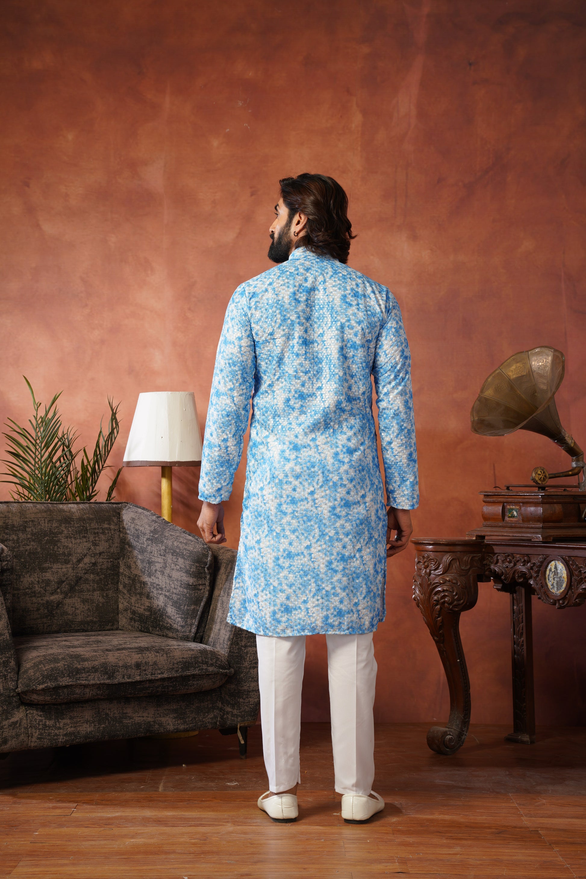Blue Tie-Dye Print with Sequin Detailing Kurta Set for Men