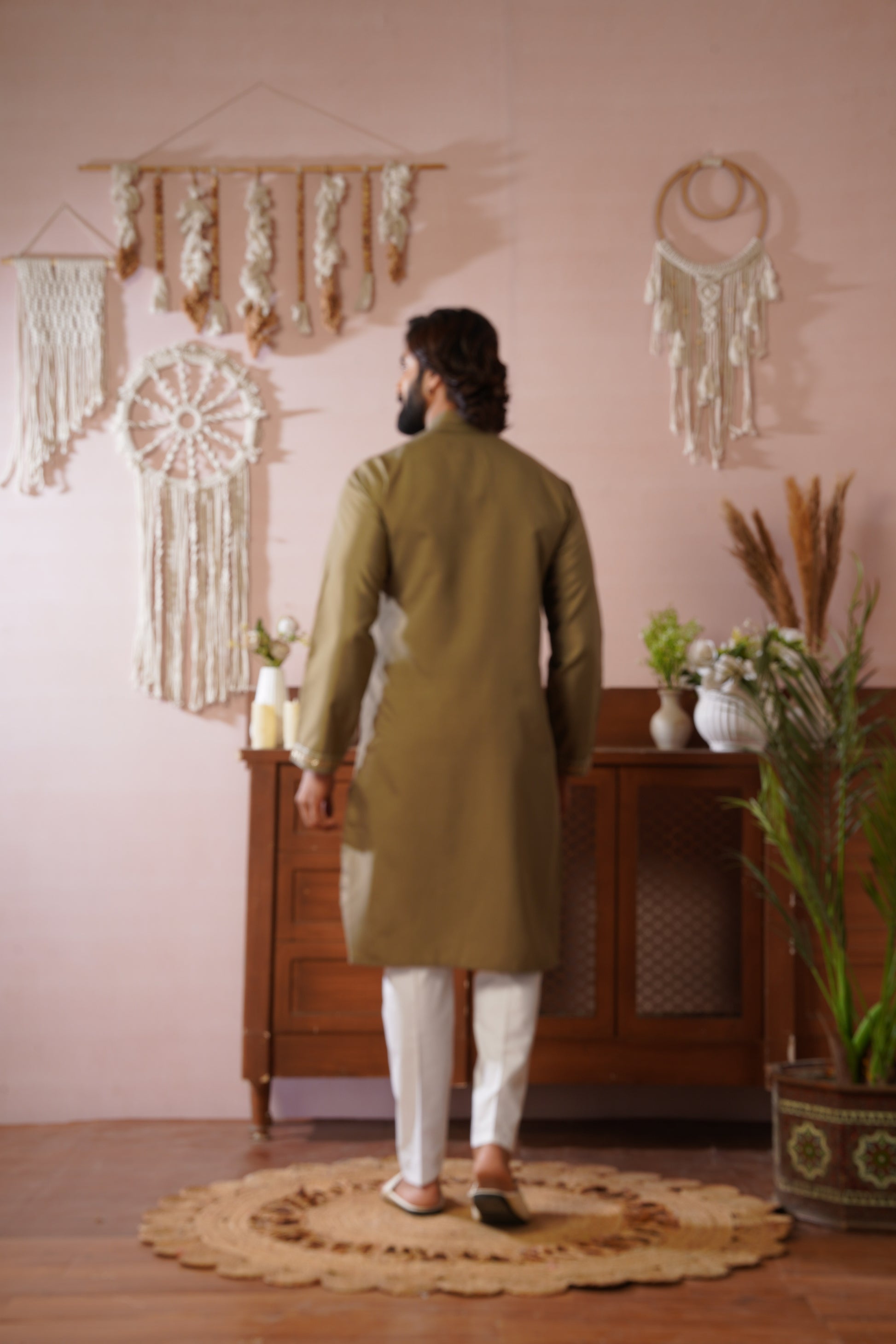 Beige Olive Morbagh Neckwork Embroidered Mens Kurta