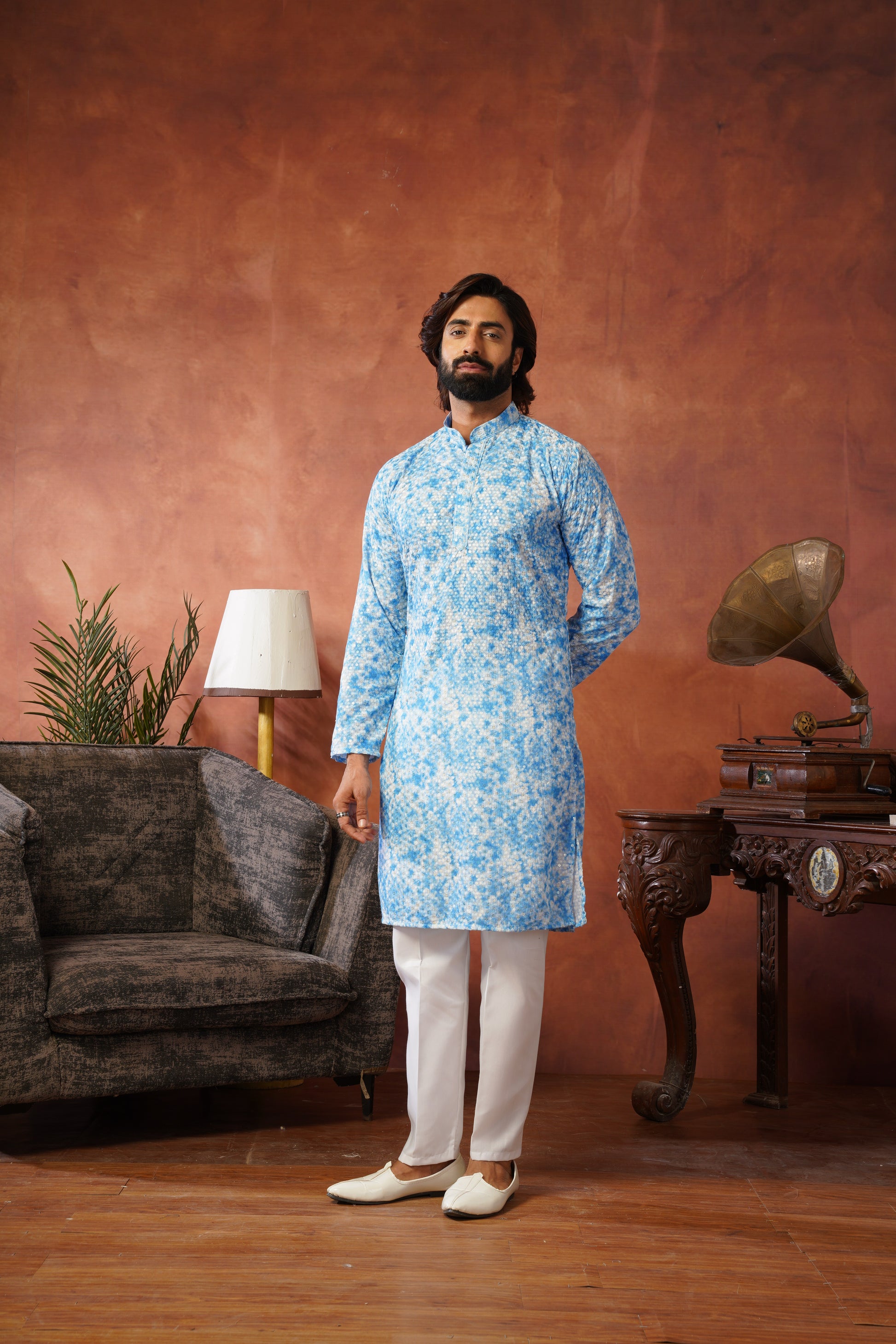 Blue Tie-Dye Print with Sequin Detailing Kurta Set for Men