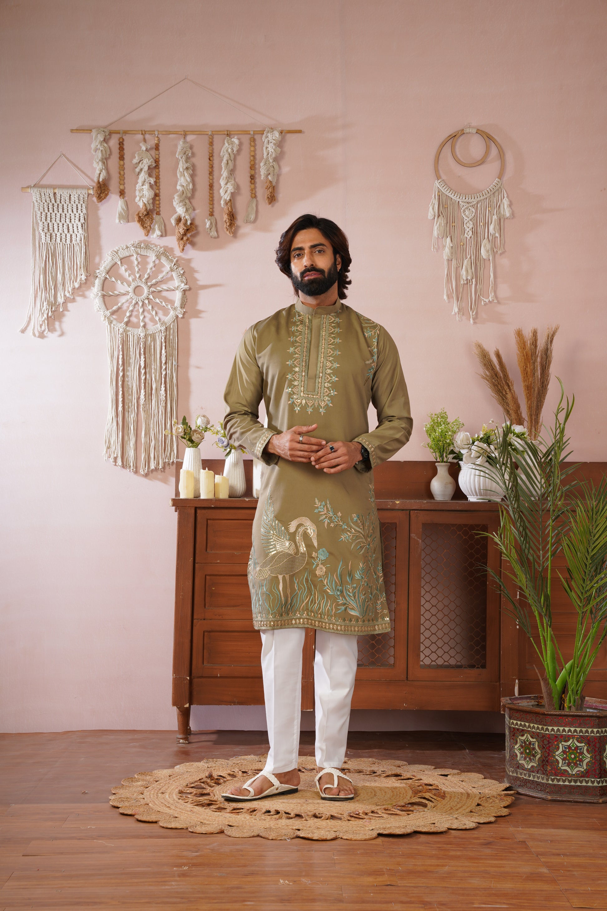 Beige Olive Morbagh Neckwork Embroidered Mens Kurta