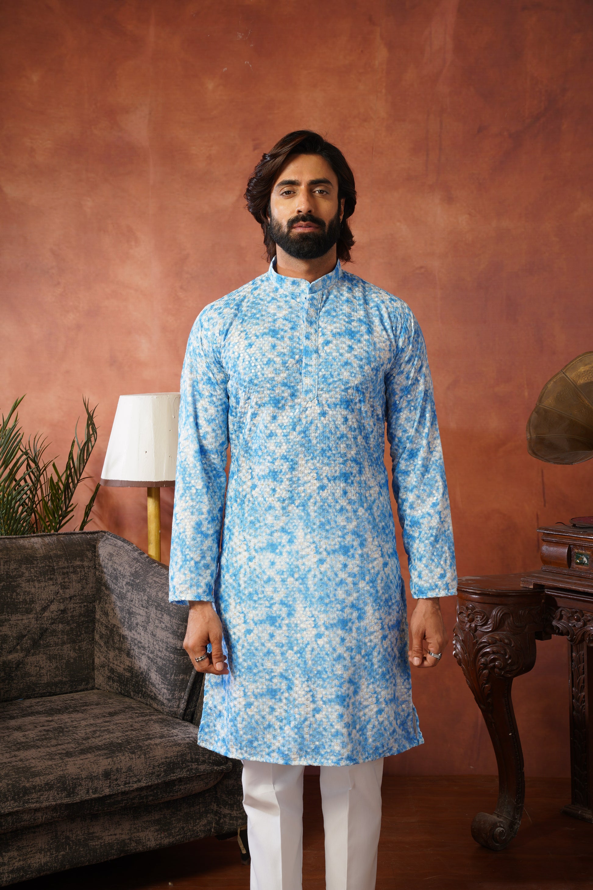 Blue Tie-Dye Print with Sequin Detailing Kurta Set for Men