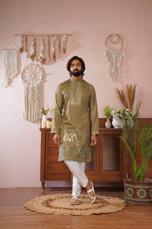 Beige Olive Morbagh Neckwork Embroidered Mens Kurta