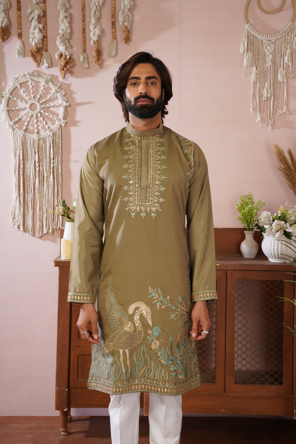 Beige Olive Morbagh Neckwork Embroidered Mens Kurta