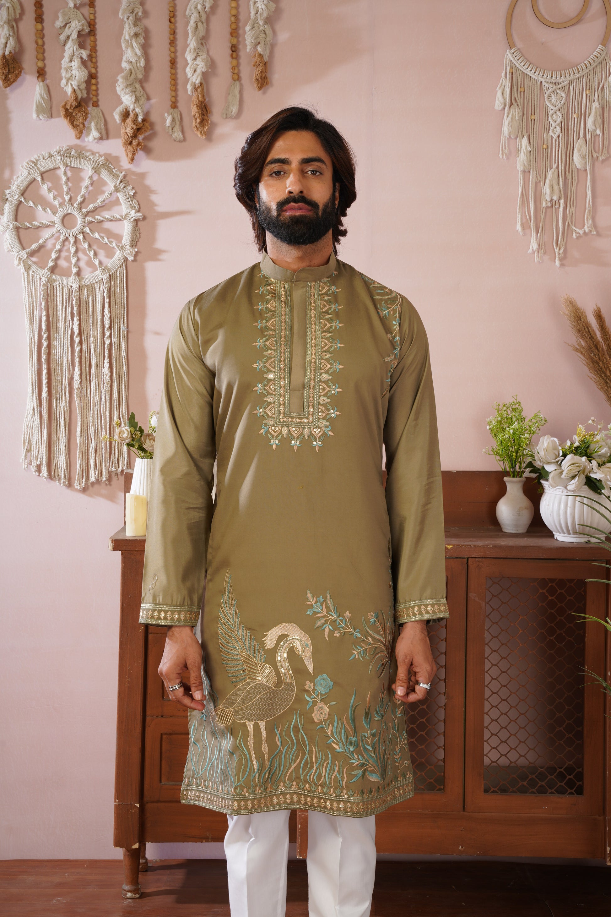 Beige Olive Morbagh Neckwork Embroidered Mens Kurta