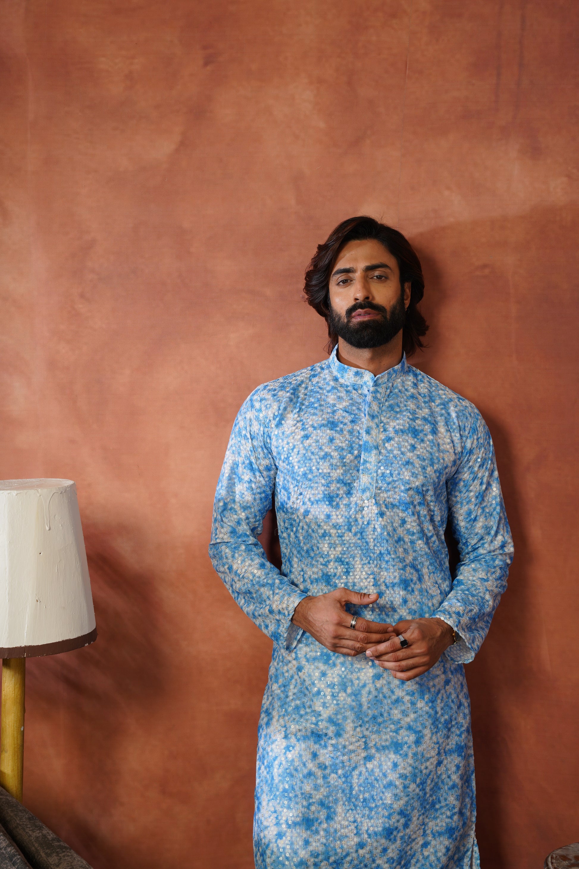 Blue Tie-Dye Print with Sequin Detailing Kurta Set for Men