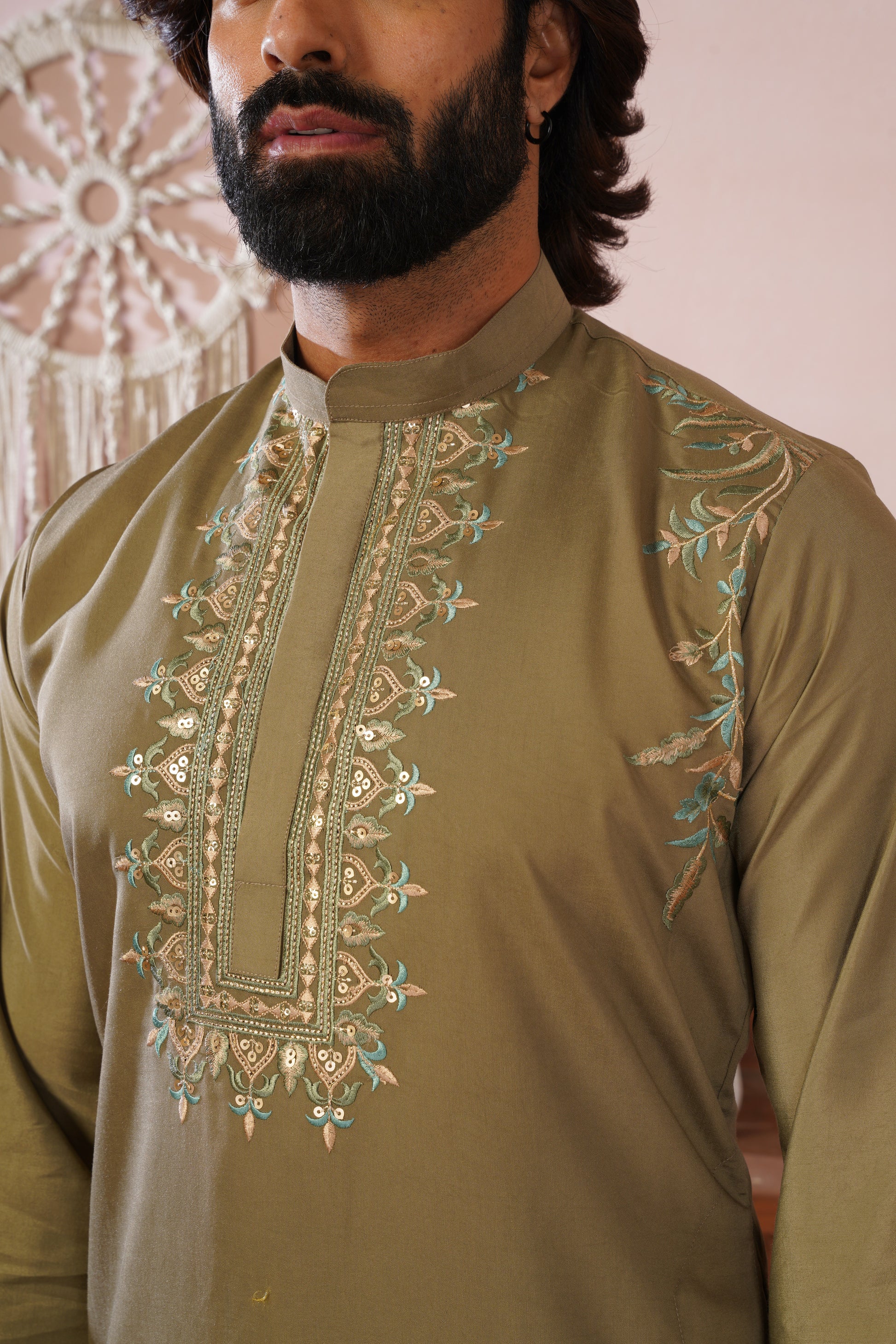 Beige Olive Morbagh Neckwork Embroidered Mens Kurta