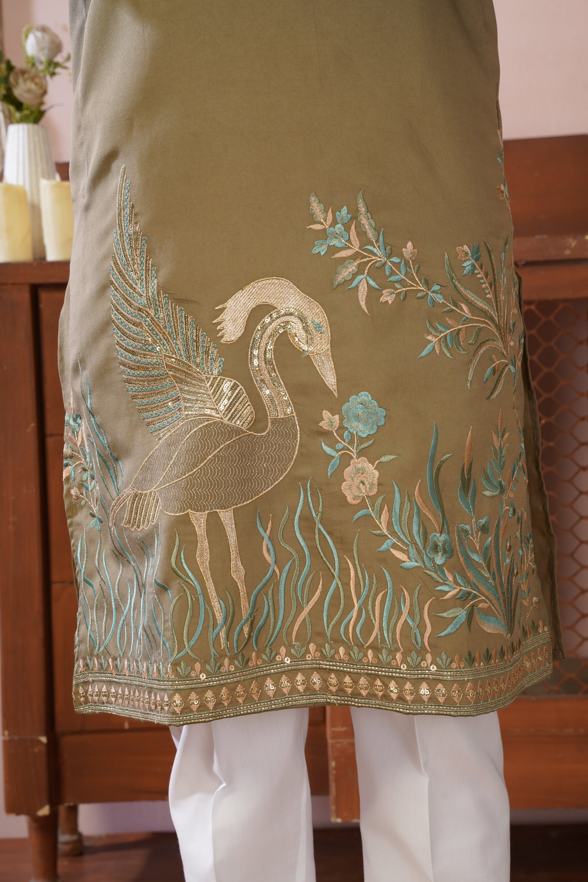 Beige Olive Morbagh Neckwork Embroidered Mens Kurta