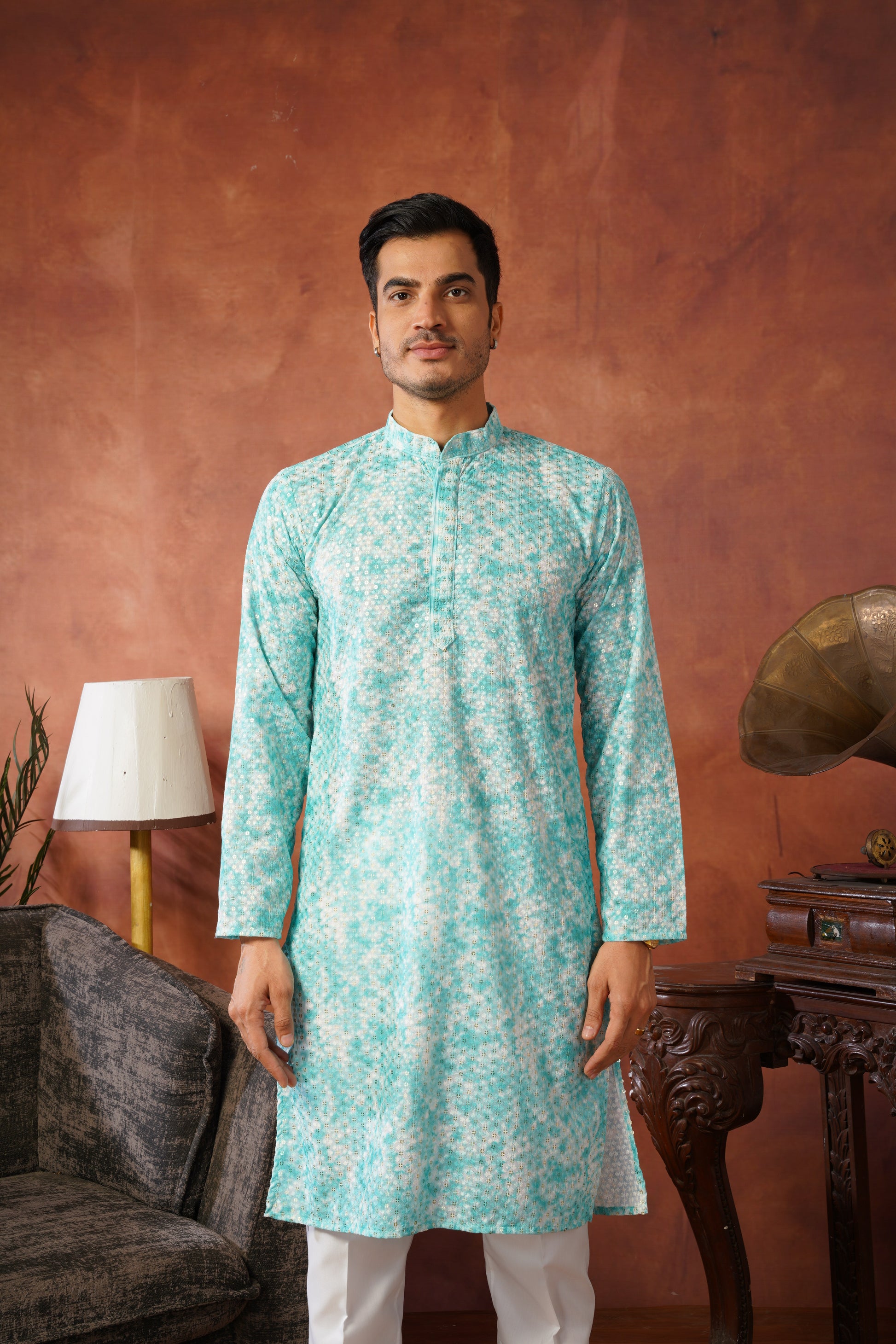 Aqua Tie-Dye Print with Sequin Detailing Kurta Set for Men