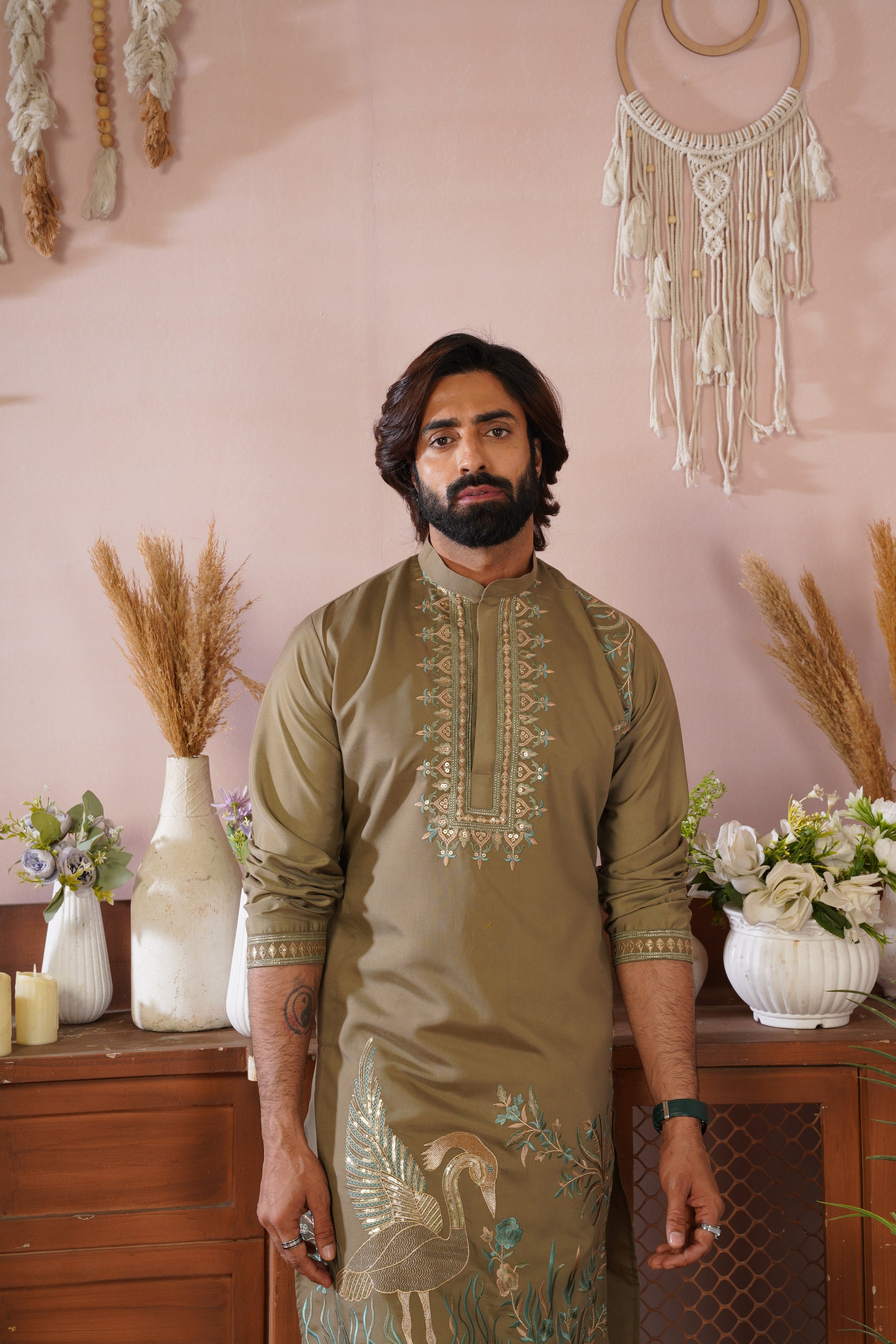 Beige Olive Morbagh Neckwork Embroidered Mens Kurta