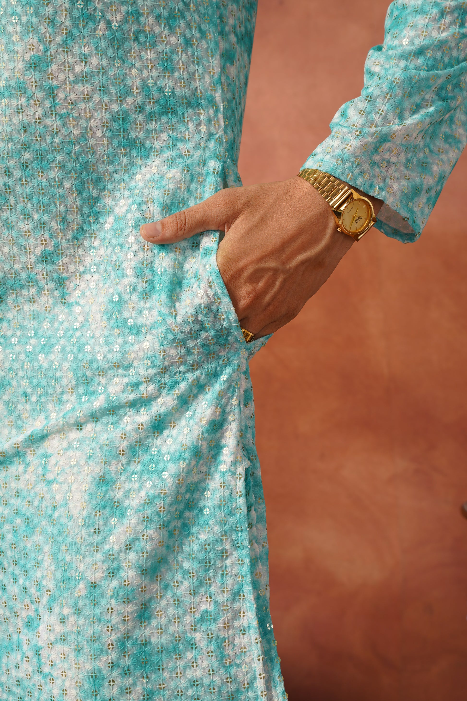 Aqua Tie-Dye Print with Sequin Detailing Kurta Set for Men