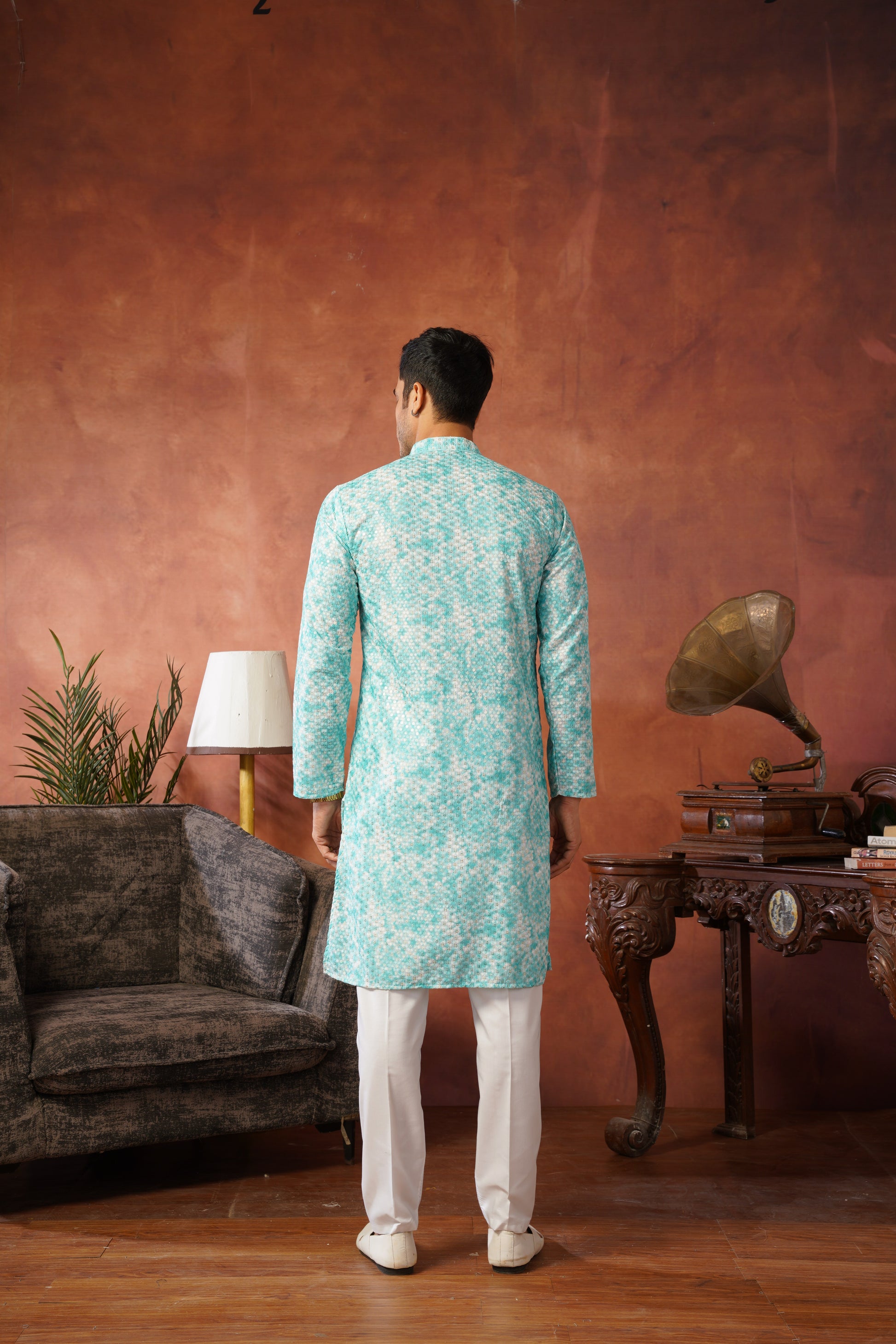 Aqua Tie-Dye Print with Sequin Detailing Kurta Set for Men