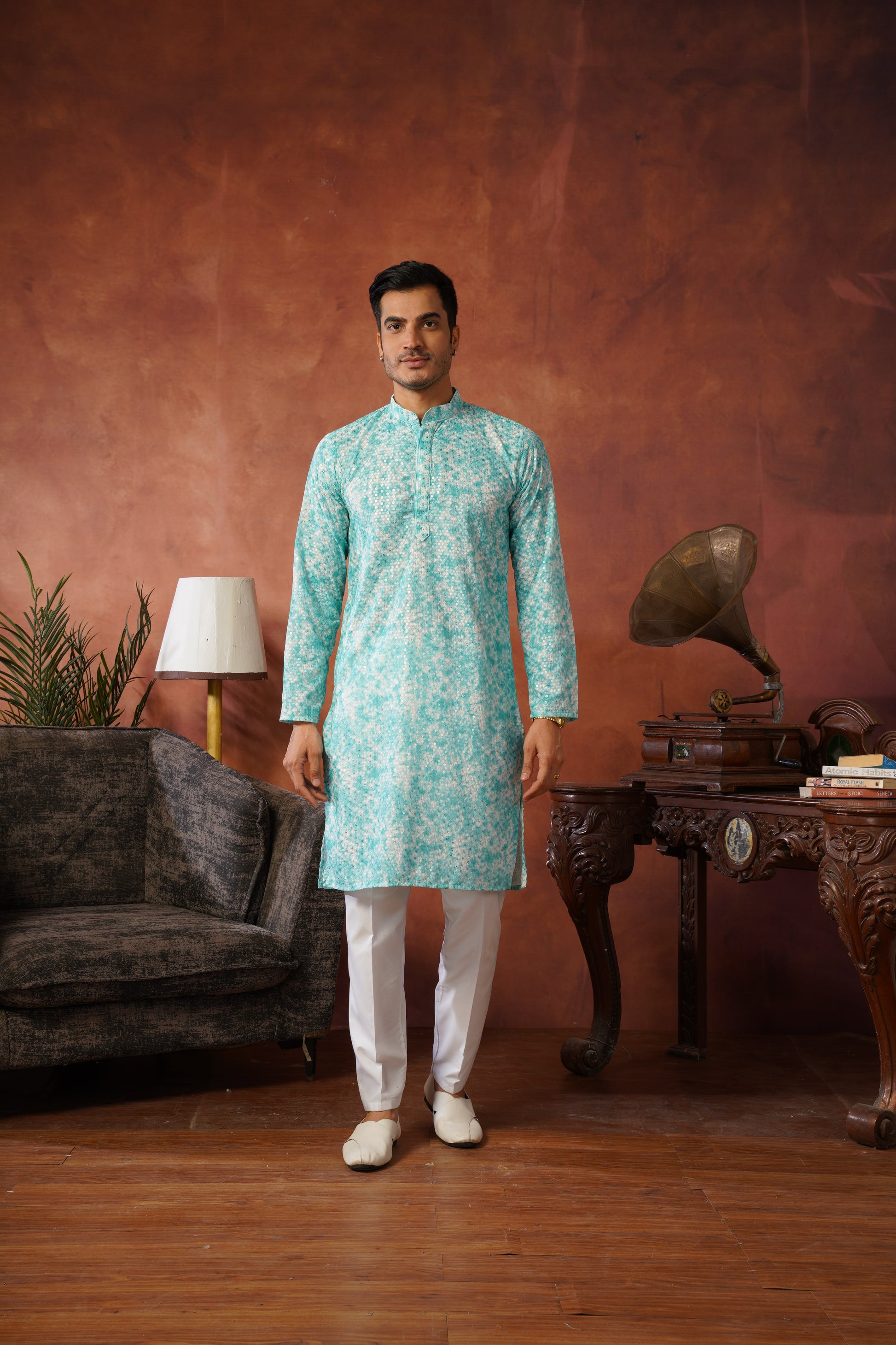 Aqua Tie-Dye Print with Sequin Detailing Kurta Set for Men