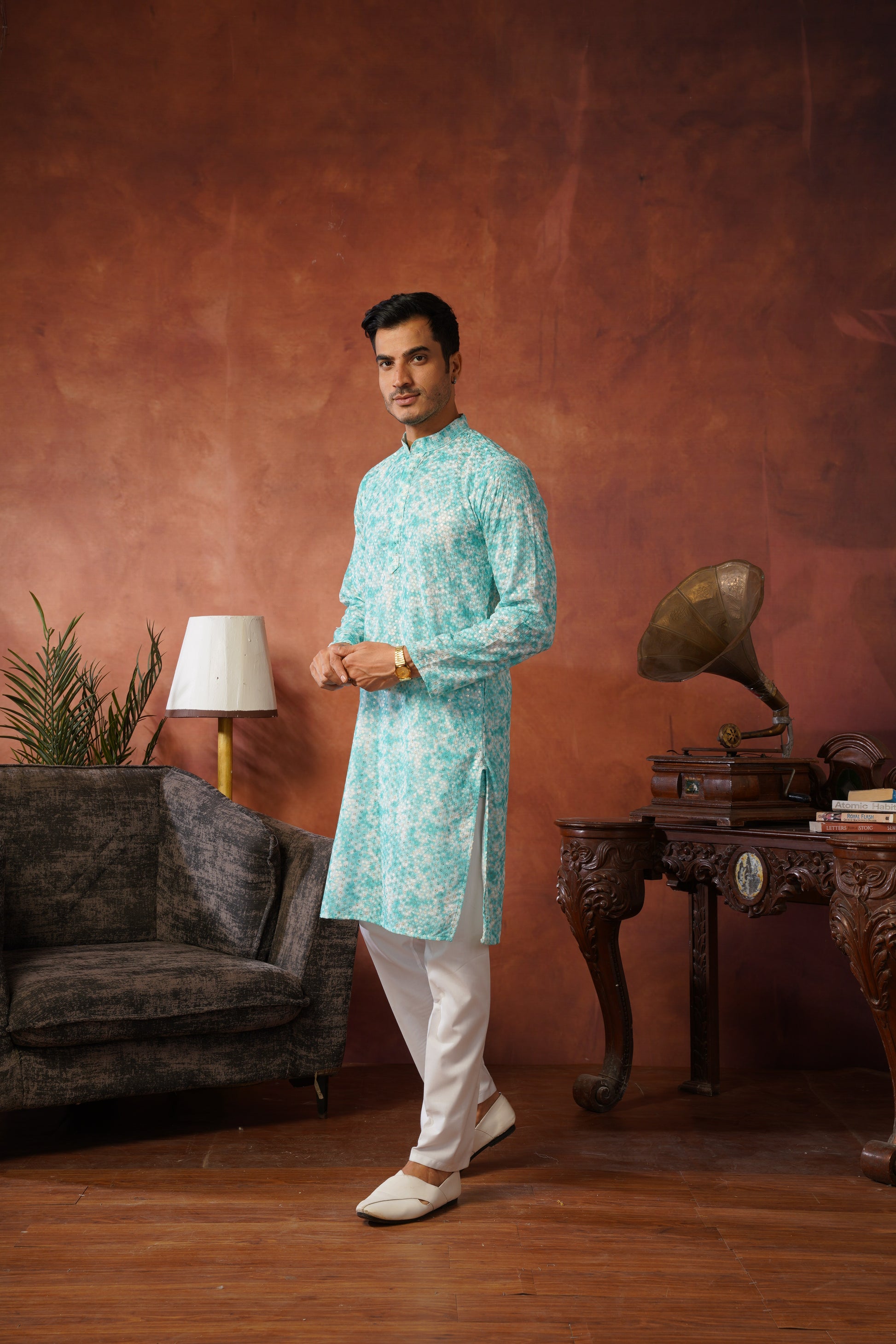 Aqua Tie-Dye Print with Sequin Detailing Kurta Set for Men