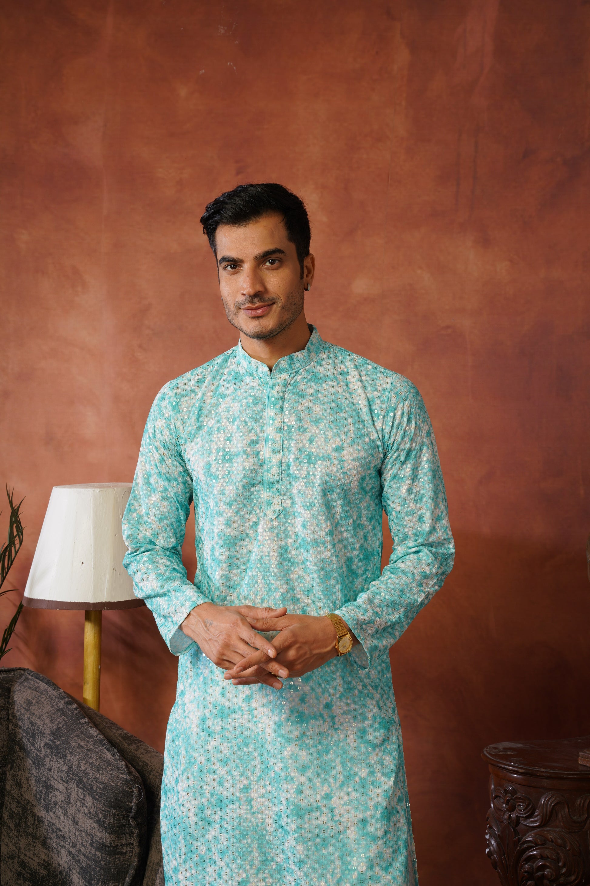 Aqua Tie-Dye Print with Sequin Detailing Kurta Set for Men