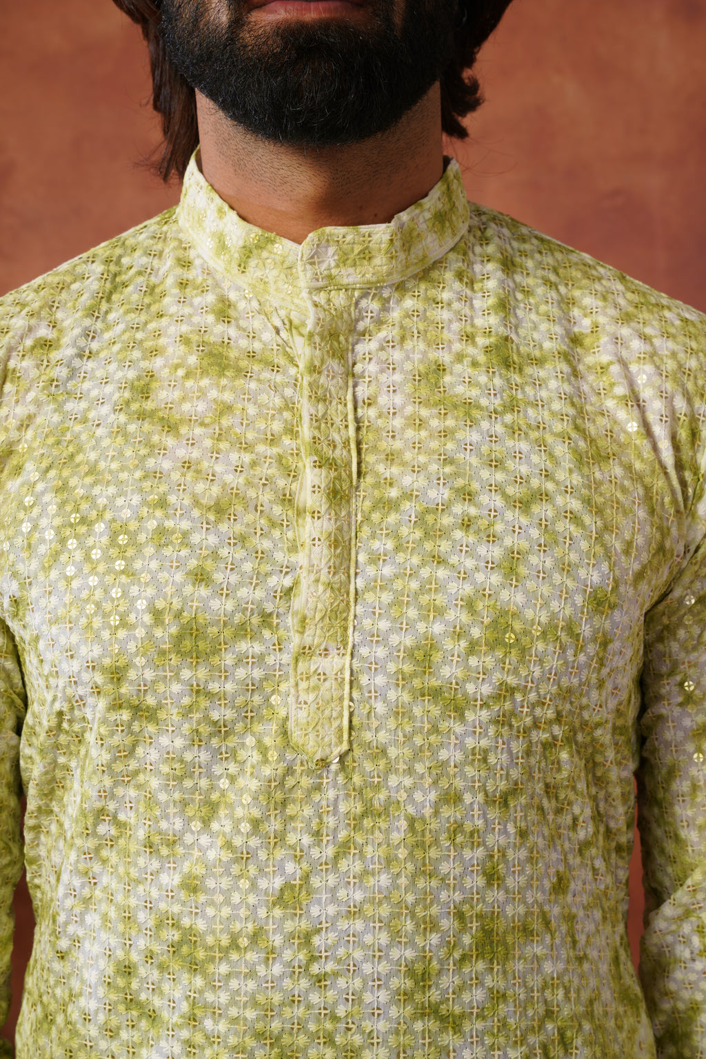 Green Tie-Dye Print with Sequin Detailing Kurta Set for Men