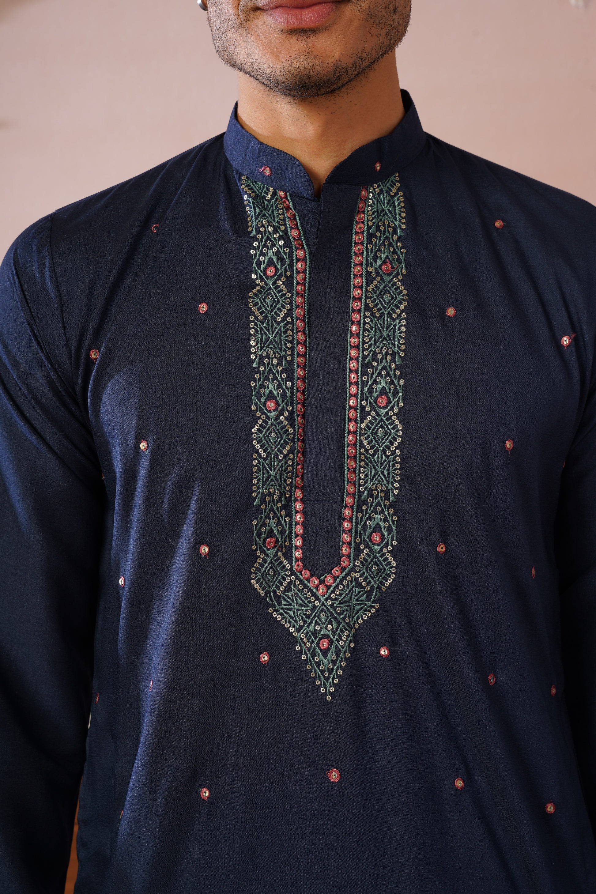 Embroidered Neckline & All-Over Motif Detailing Blue Kurta Set