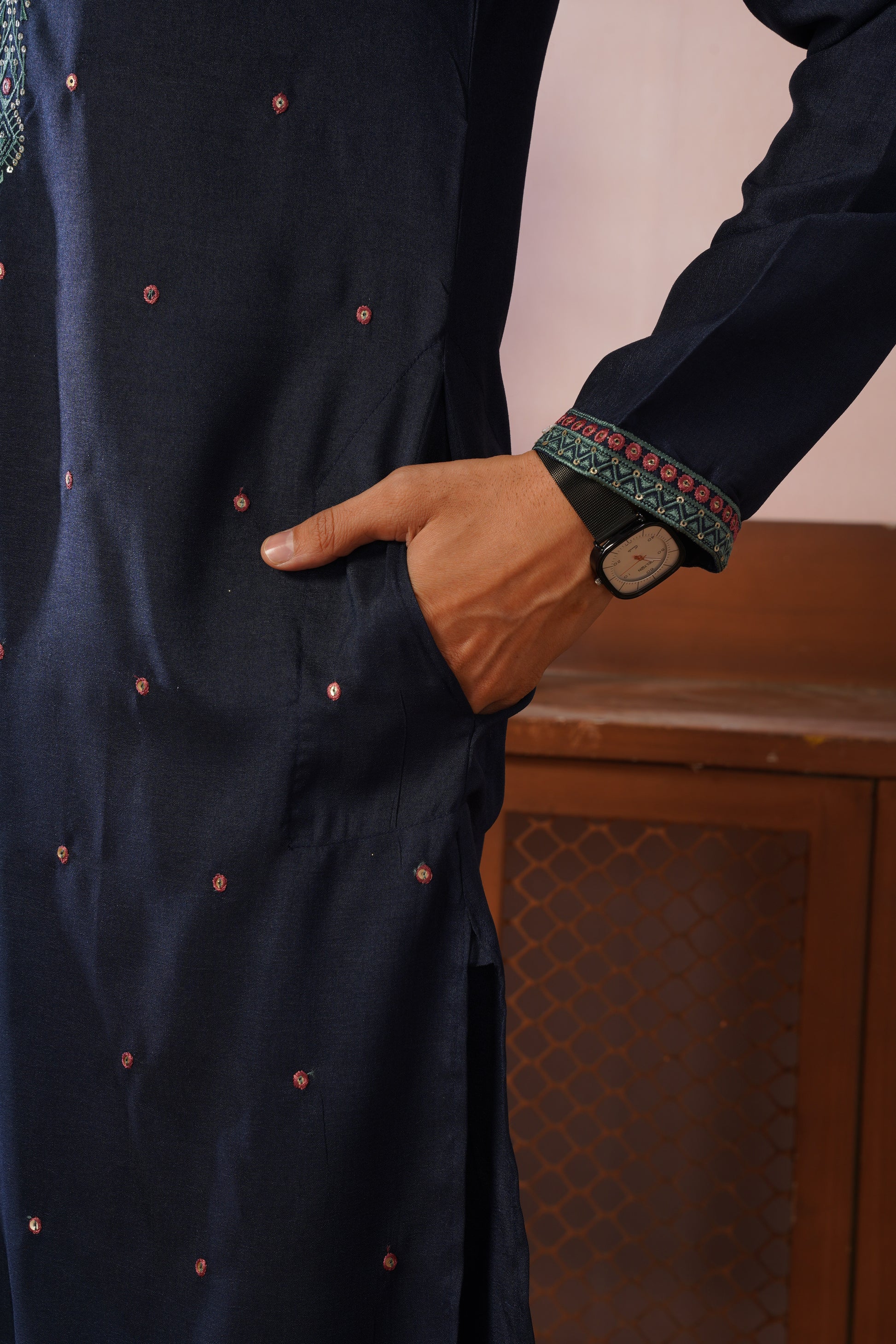 Embroidered Neckline & All-Over Motif Detailing Blue Kurta Set