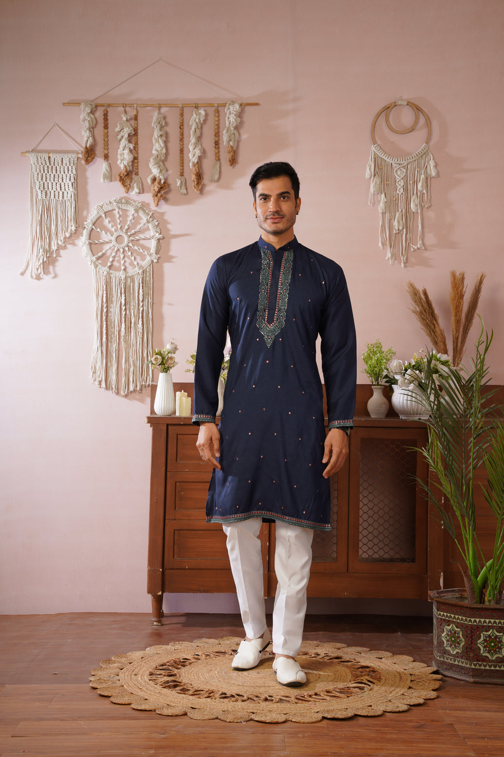 Embroidered Neckline & All-Over Motif Detailing Blue Kurta Set