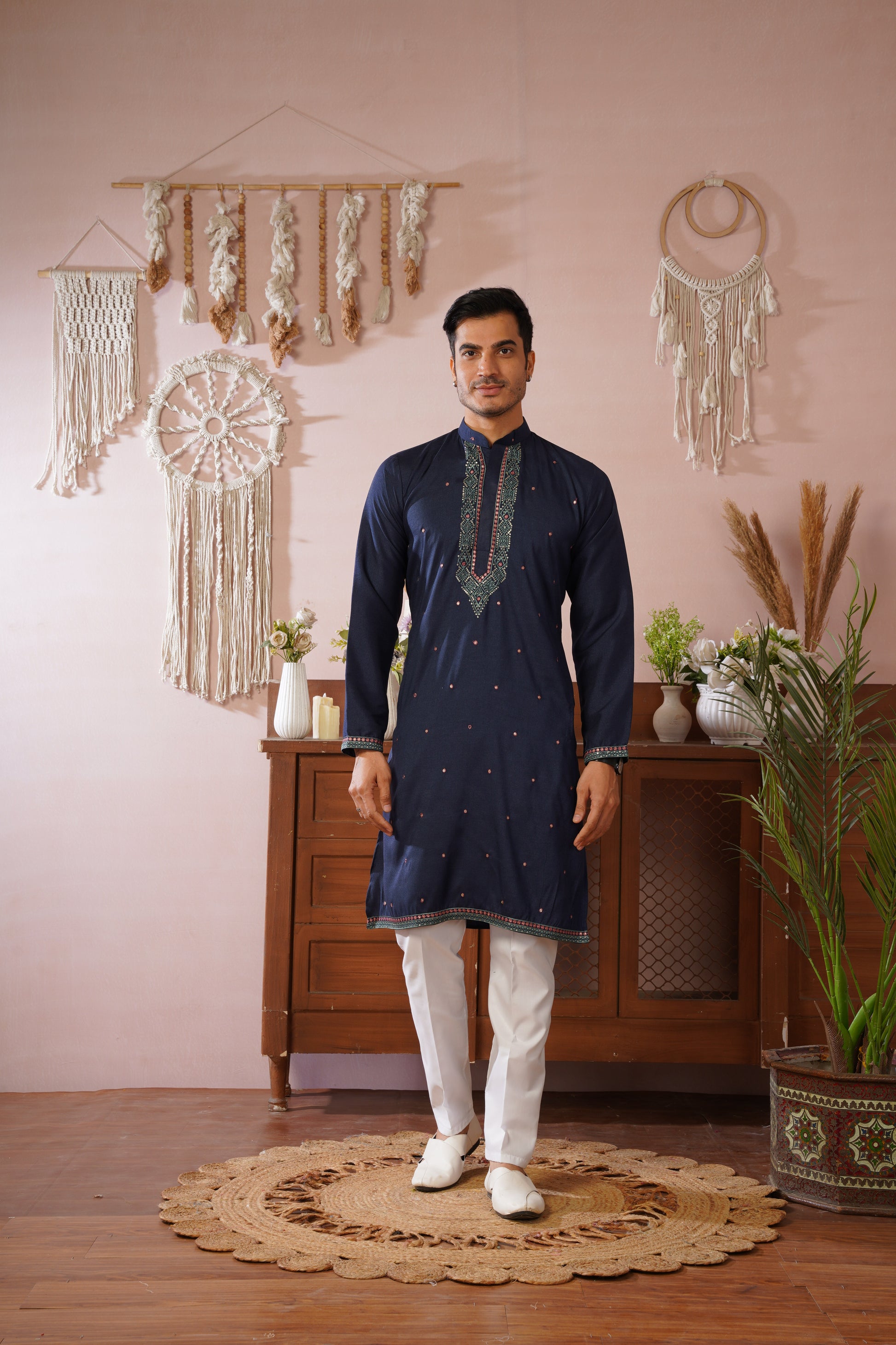 Embroidered Neckline & All-Over Motif Detailing Blue Kurta Set