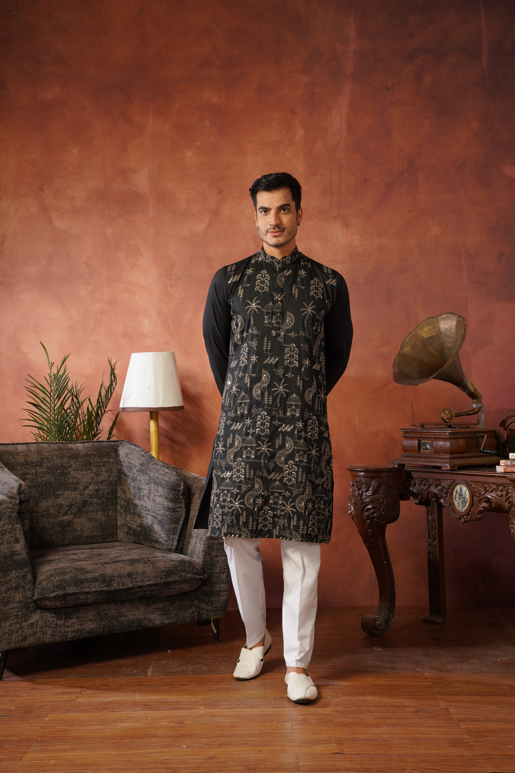 Black Luxe Gold Silk Embroidered Kurta Set