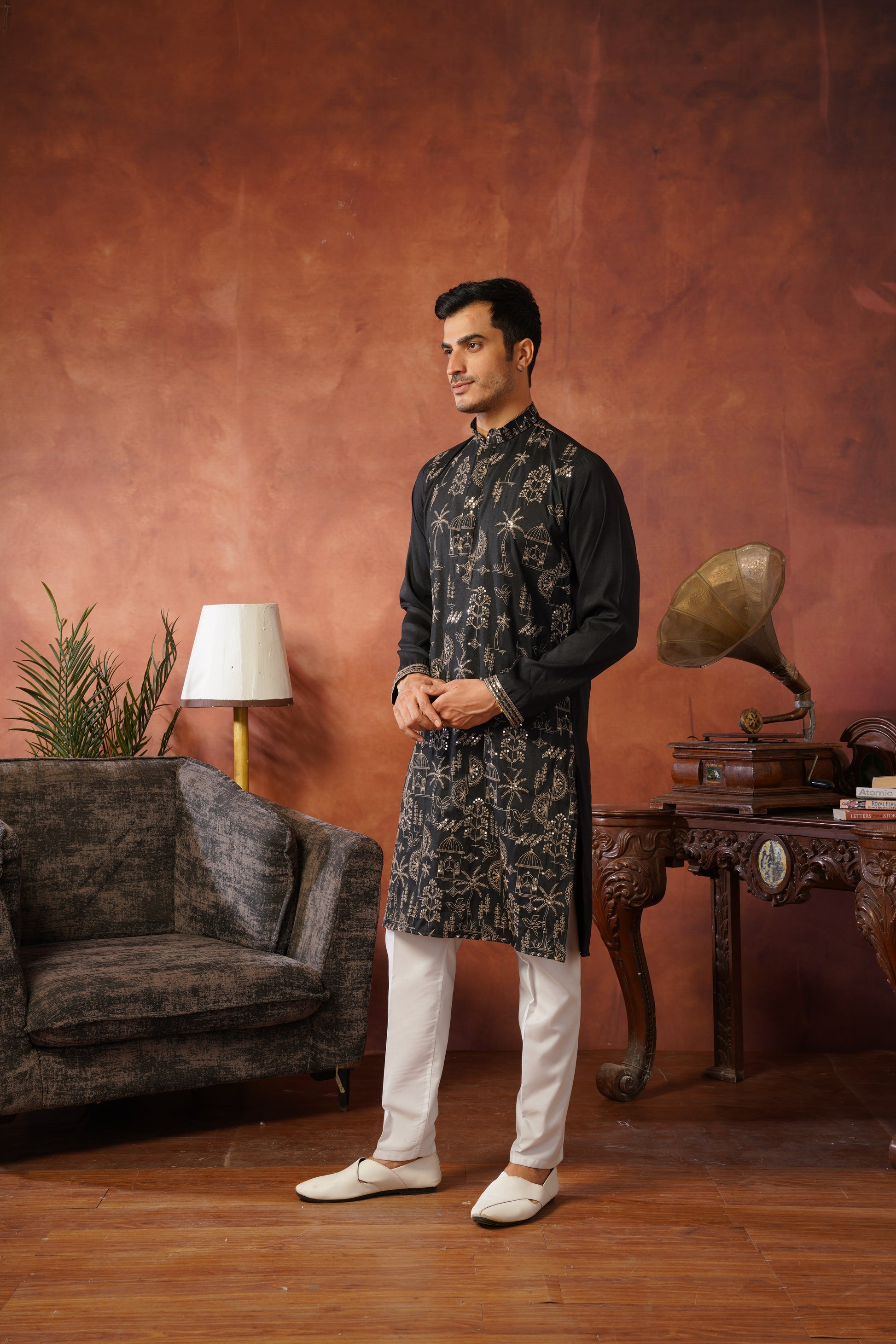 Black Luxe Gold Silk Embroidered Kurta Set