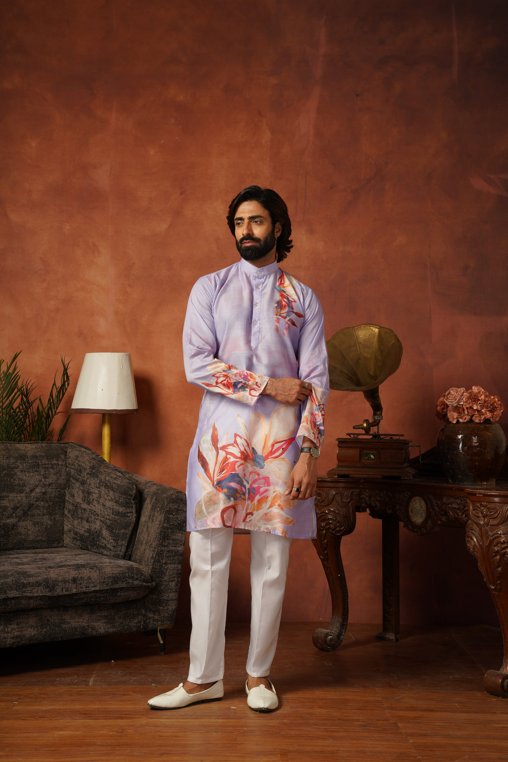Men’s Lavender Abstract Floral Kurta Set | Designer Festive Wear