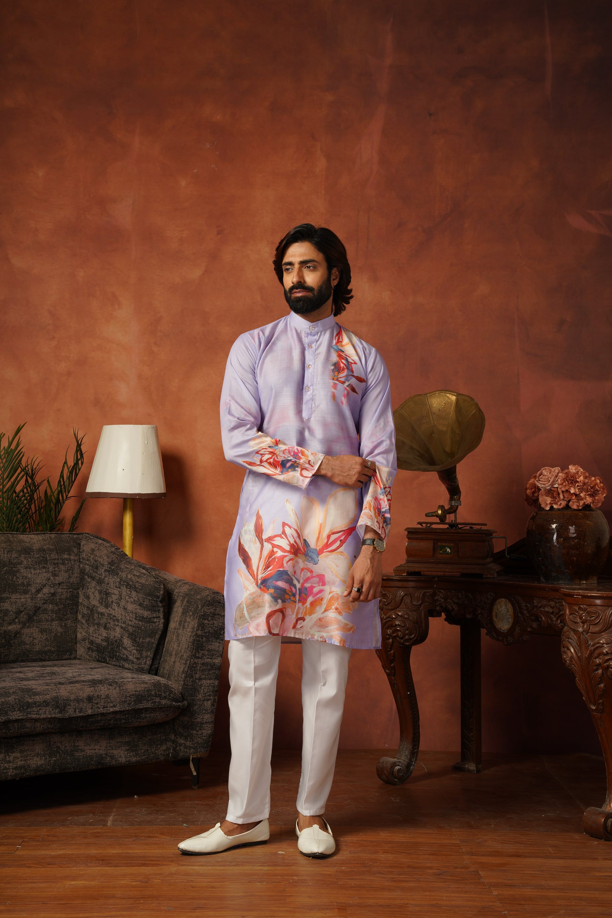 Men’s Lavender Abstract Floral Kurta Set | Designer Festive Wear