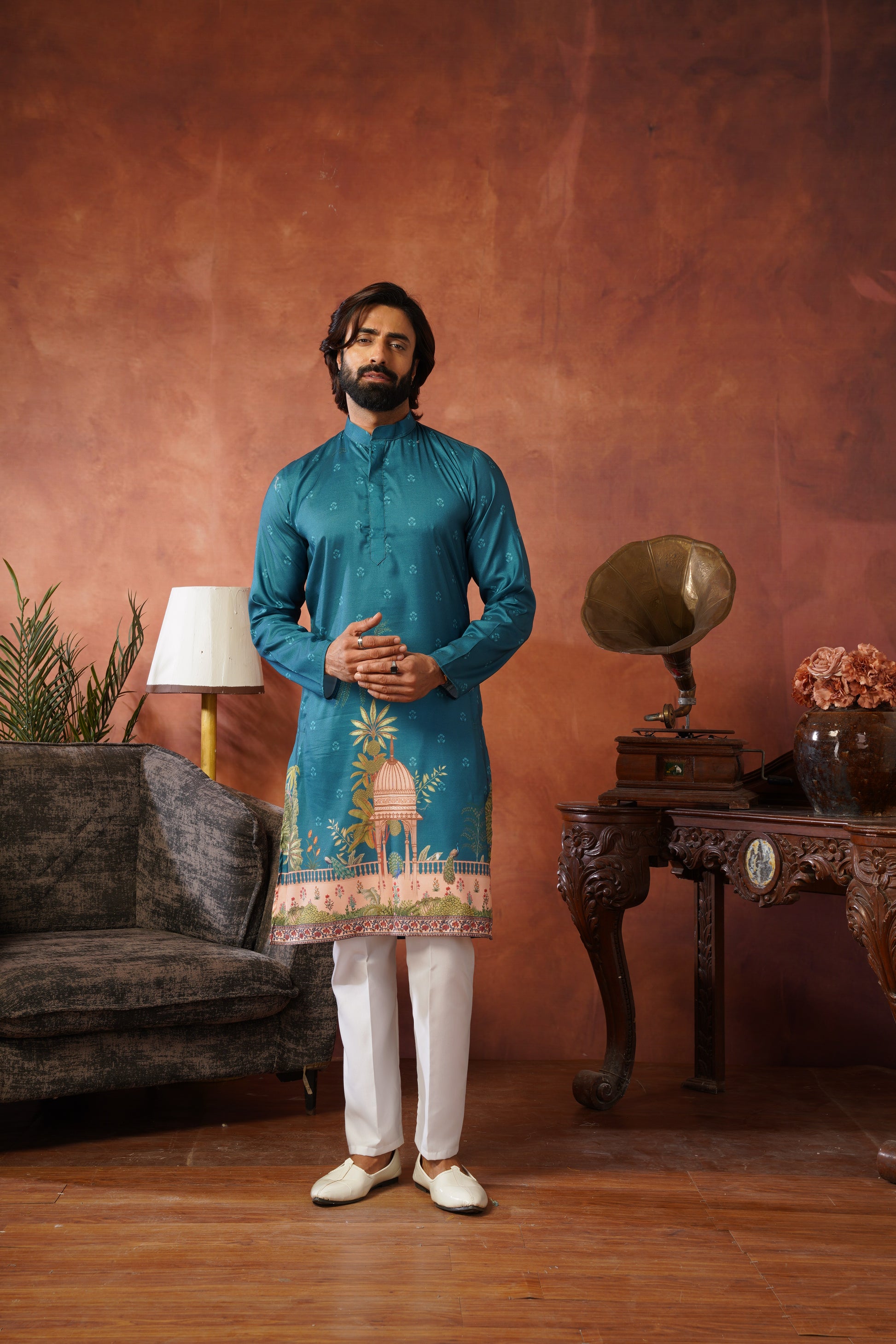 Rambagh Teal Printed Mens Kurta Set