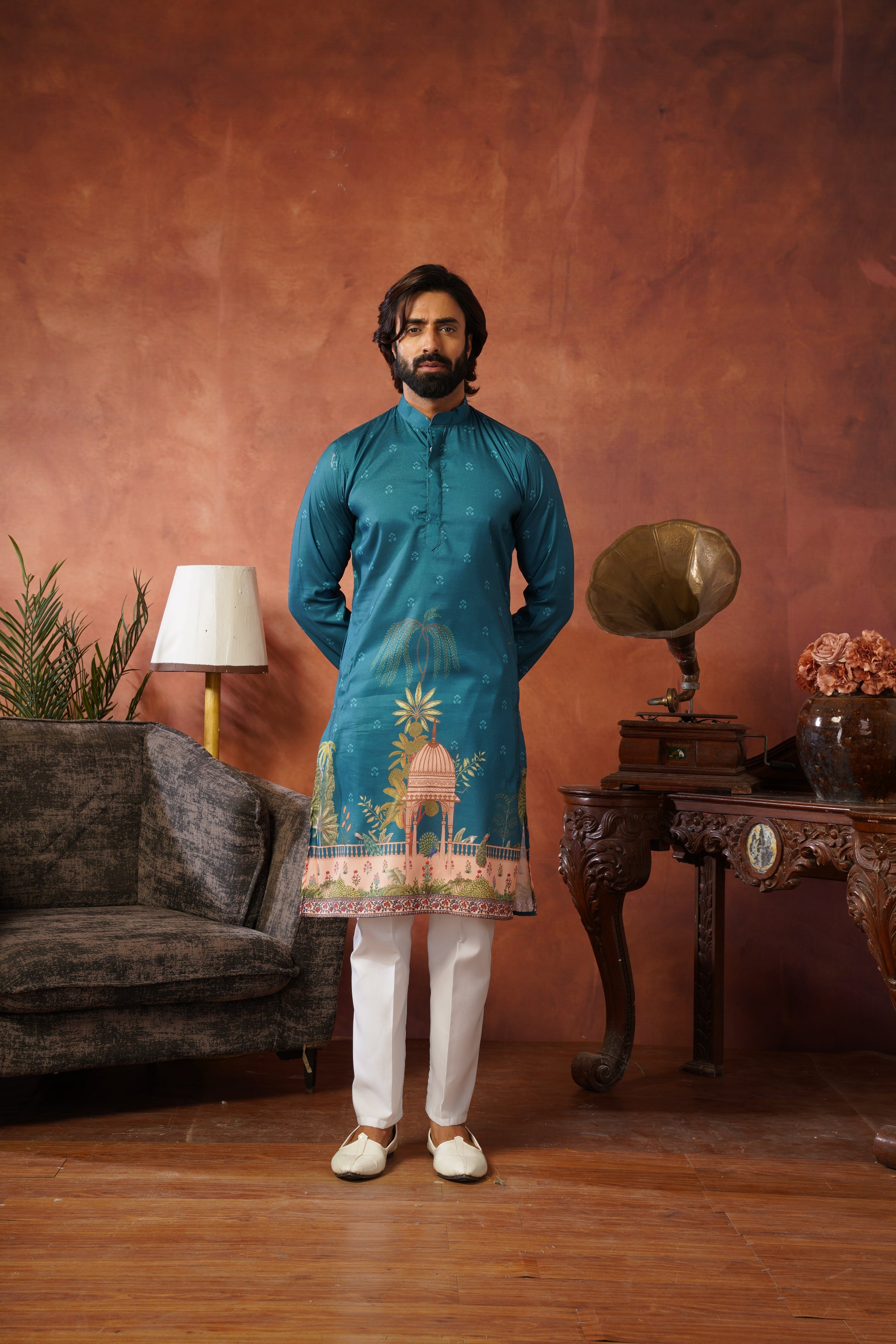 Rambagh Teal Printed Mens Kurta Set