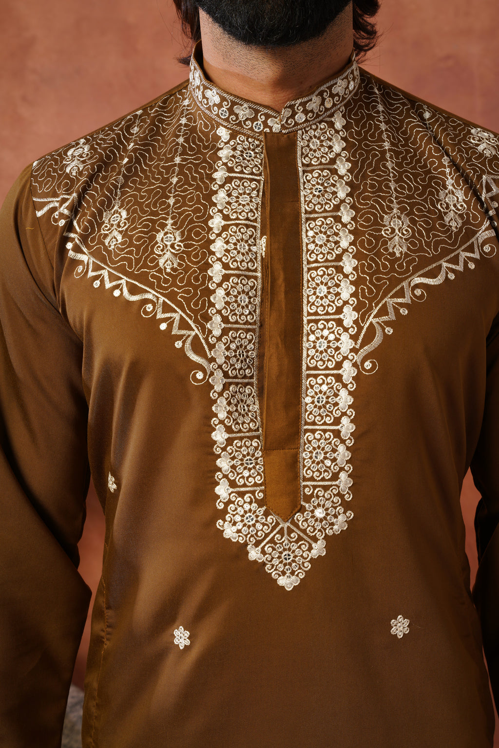 Dhara Embroidered Sequin Neckwork Brown Kurta Set