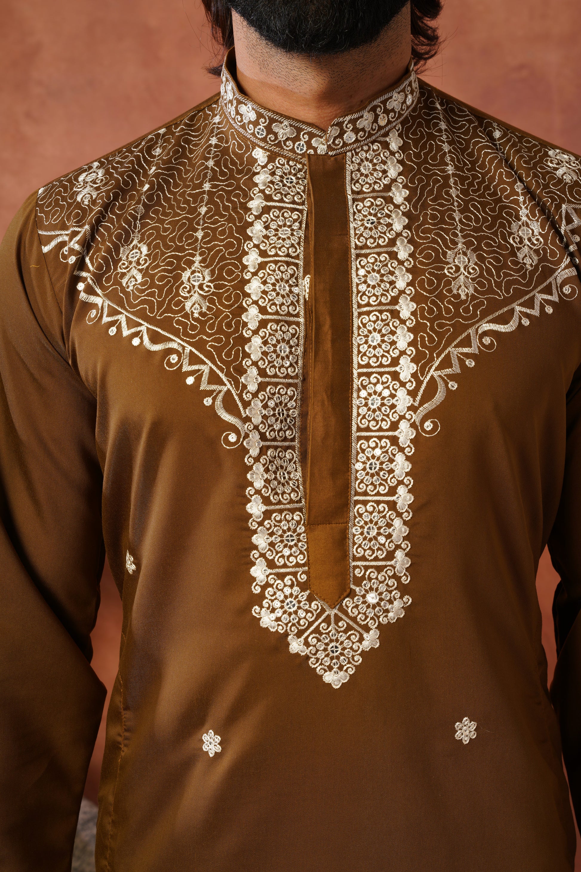 Dhara Embroidered Sequin Neckwork Brown Kurta Set