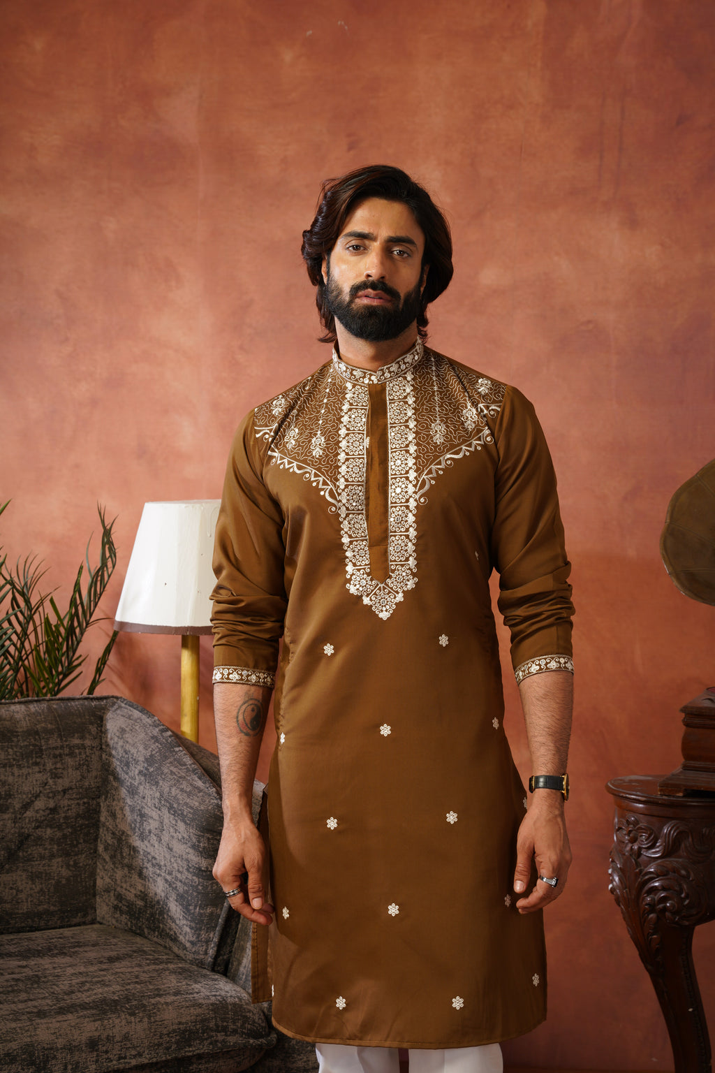 Dhara Embroidered Sequin Neckwork Brown Kurta Set