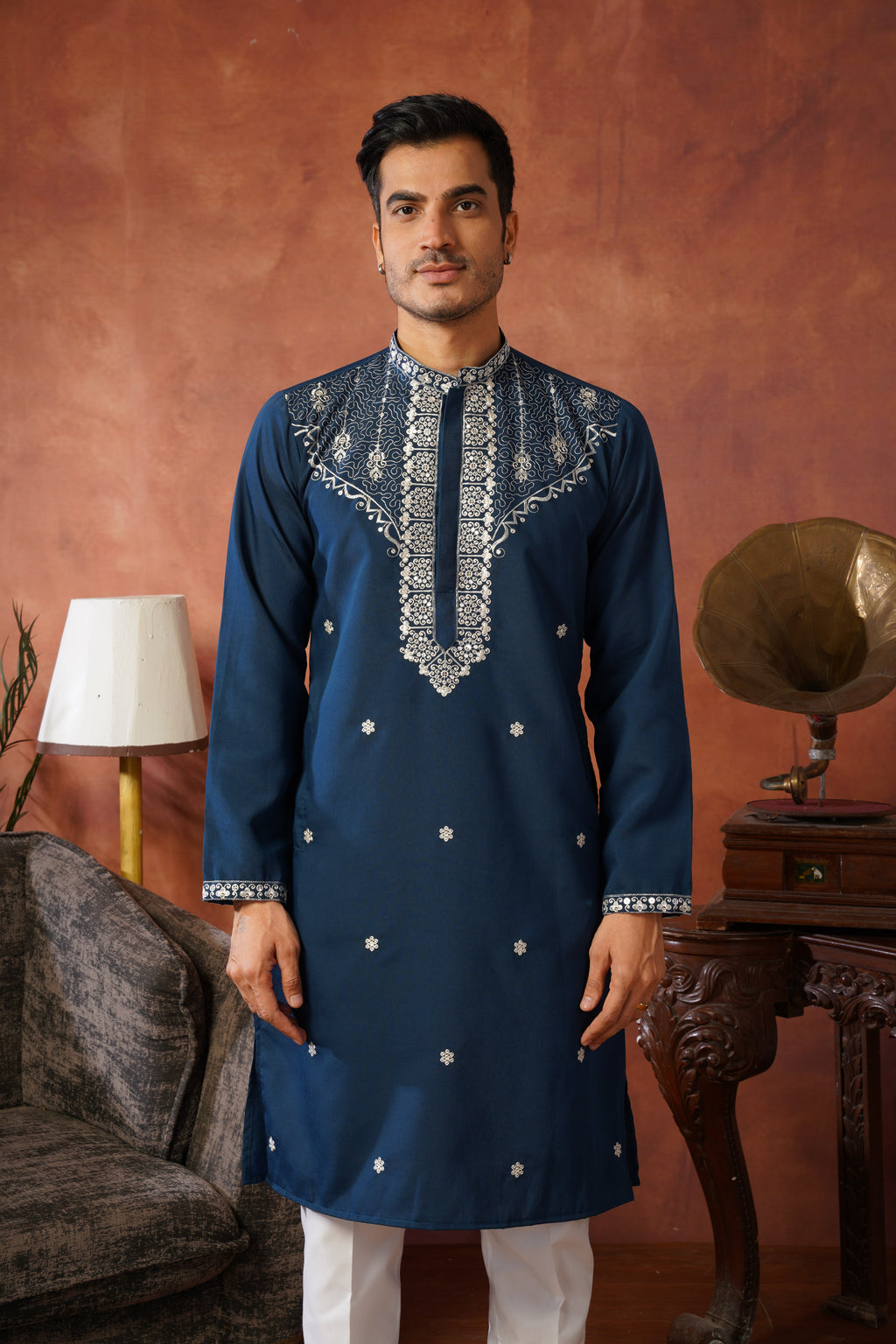 Dhara Embroidered Sequin Neckwork Blue Kurta Set