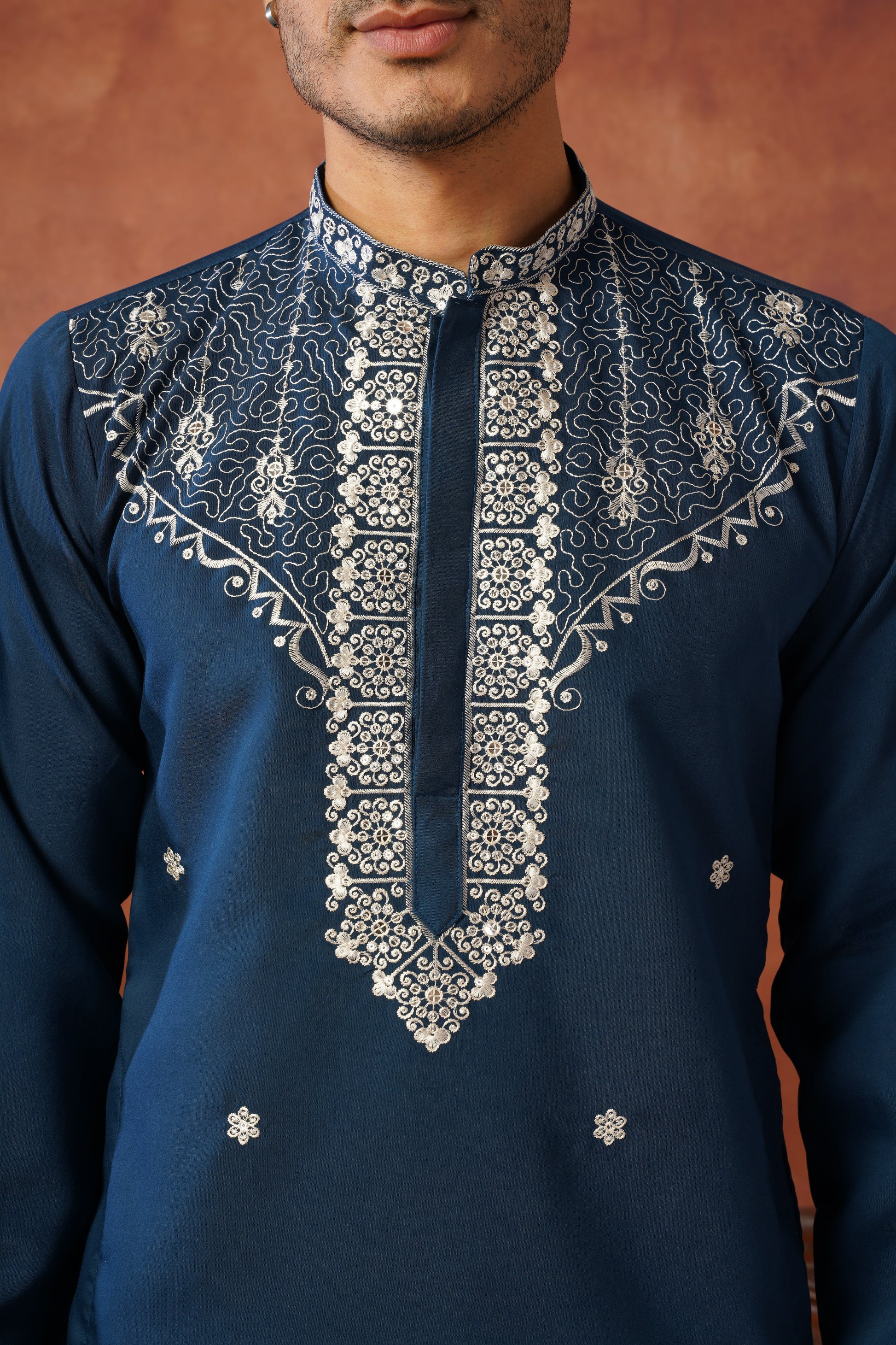 Dhara Embroidered Sequin Neckwork Blue Kurta Set