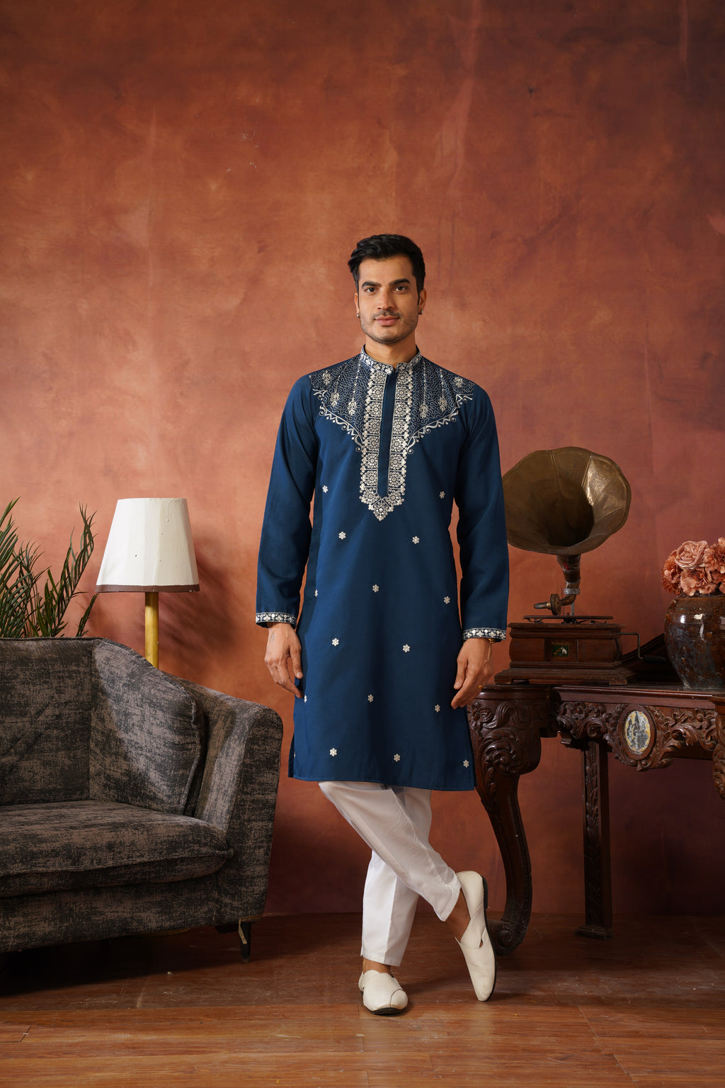 Dhara Embroidered Sequin Neckwork Blue Kurta Set