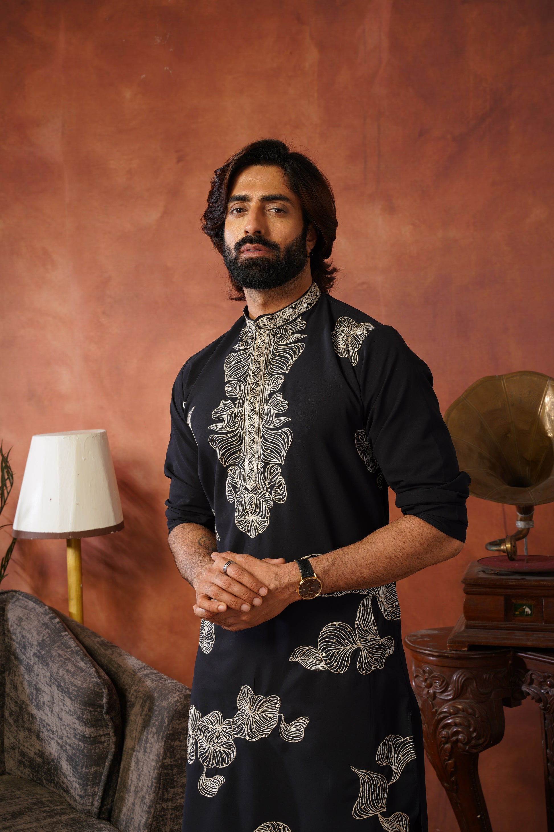 Shehnshah Premium Neckwork Embroidery Black Kurta Set