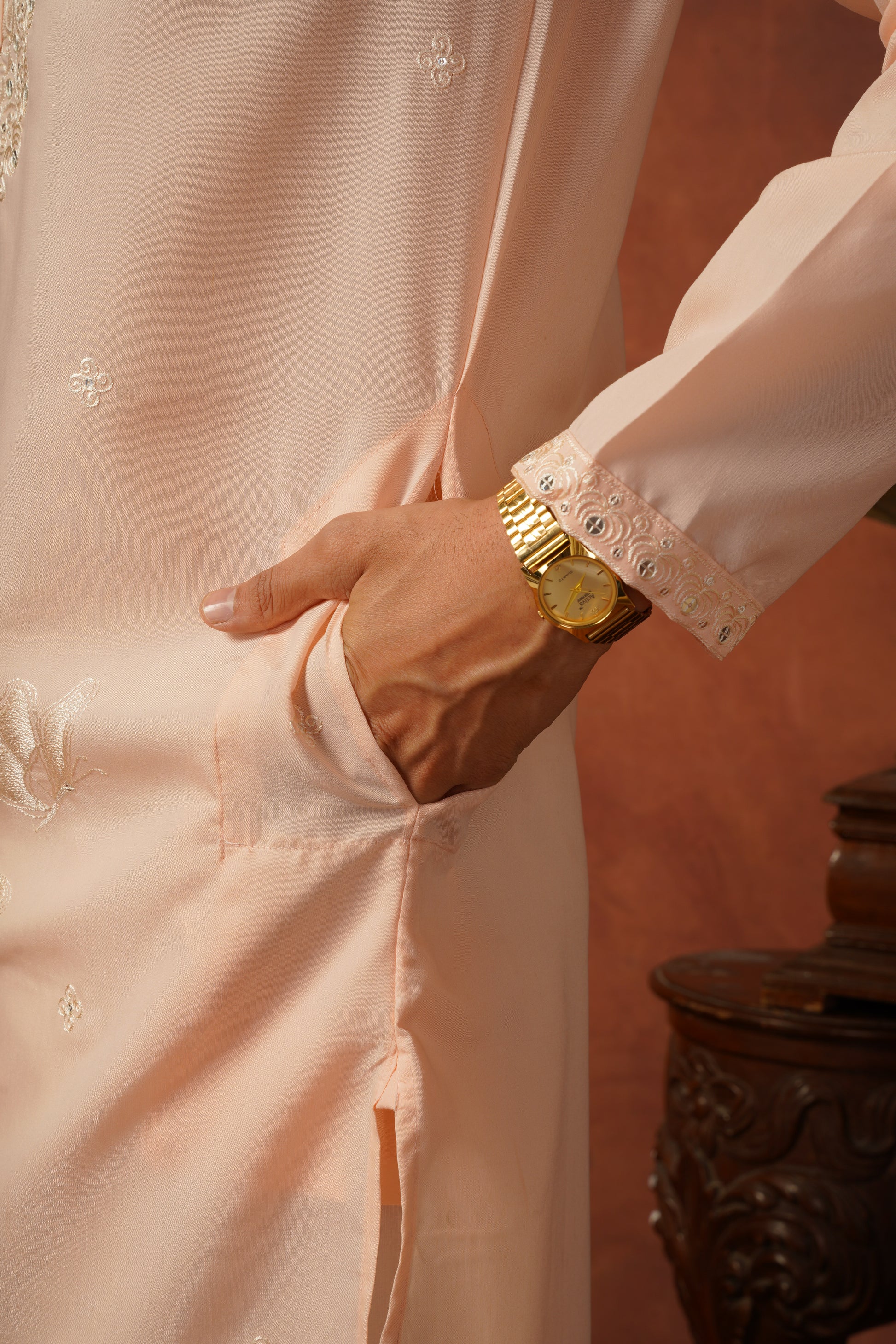 Mirror Detailing Embroidered Neckwork Peach Kurta Set
