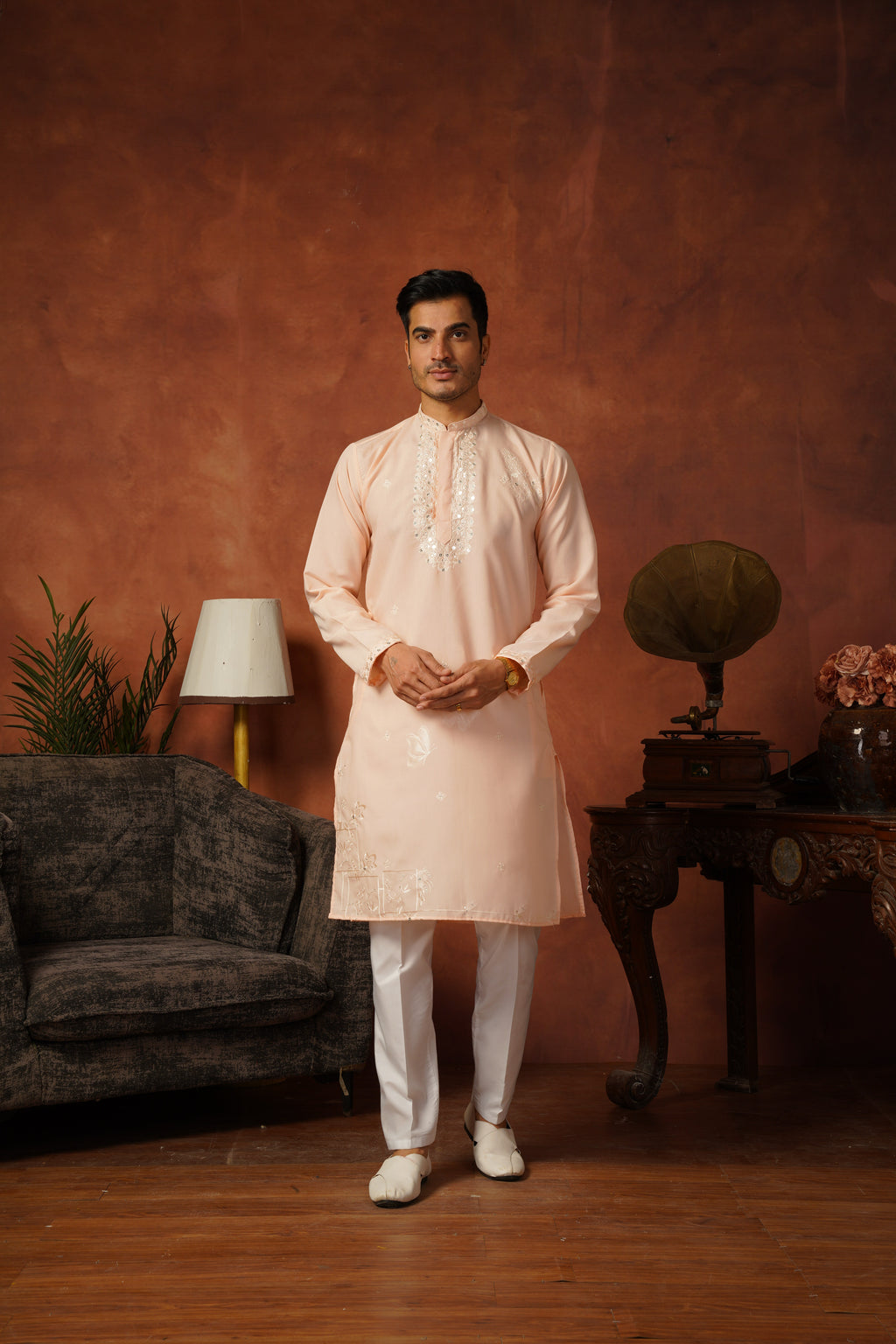 Mirror Detailing Embroidered Neckwork Peach Kurta Set