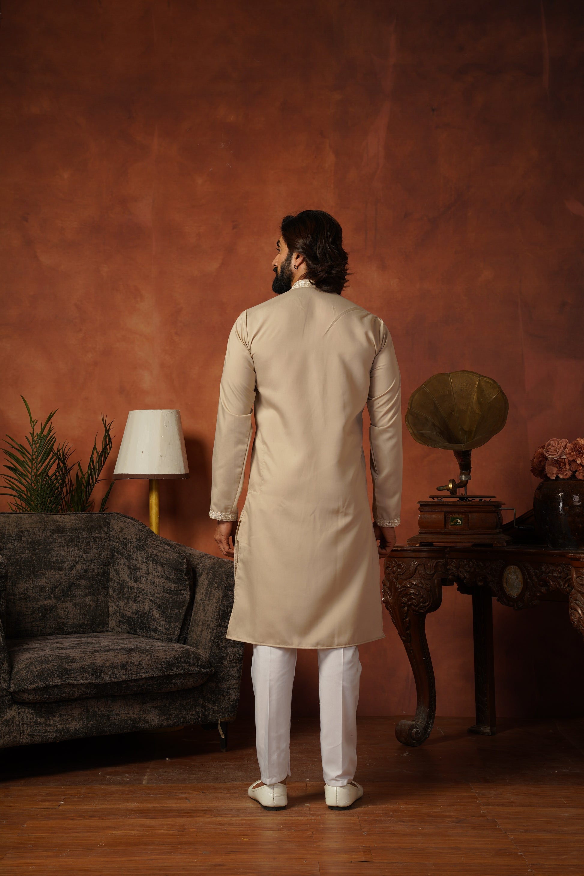 Mirror Detailing Embroidered Neckwork Light Brown Kurta Set