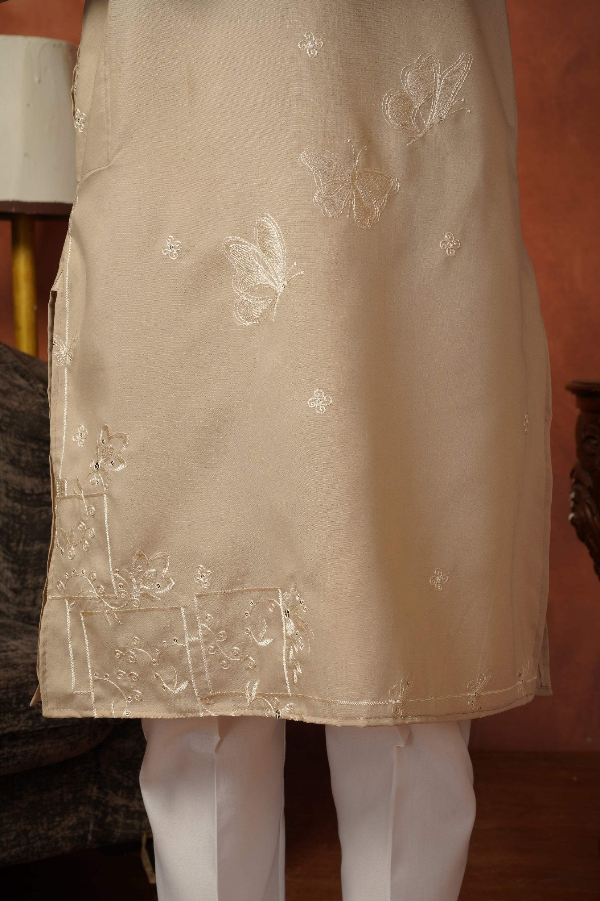 Mirror Detailing Embroidered Neckwork Light Brown Kurta Set