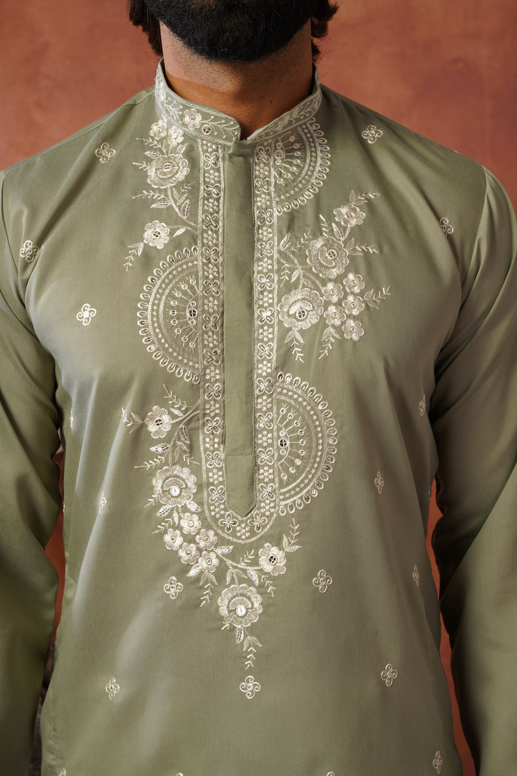 Floral Embroidered Neckwork Olive Kurta Set for Men