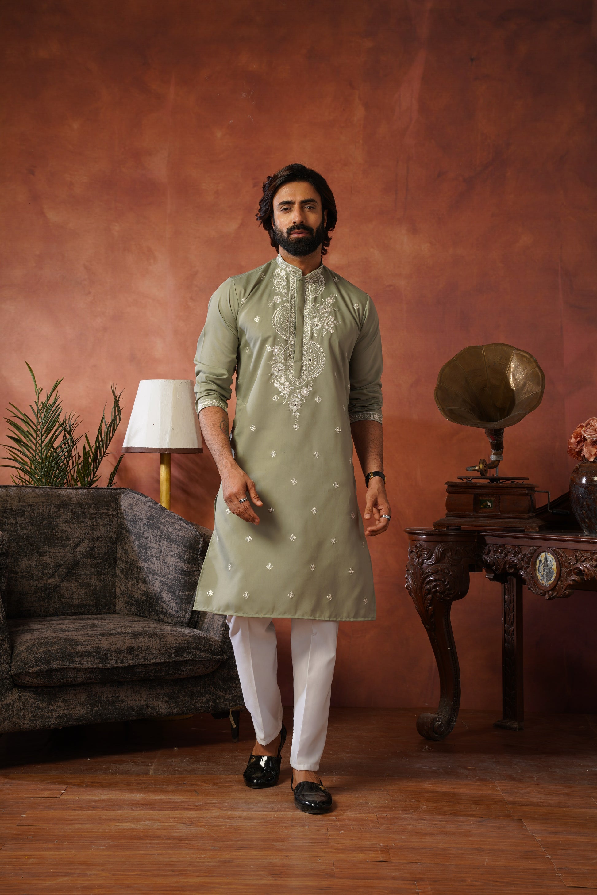 Floral Embroidered Neckwork Olive Kurta Set for Men