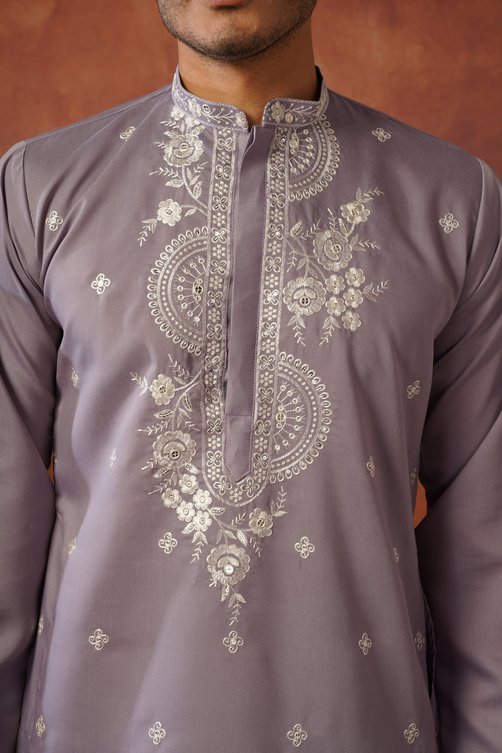 Floral Embroidered Neckwork Lavender Kurta Set for Men