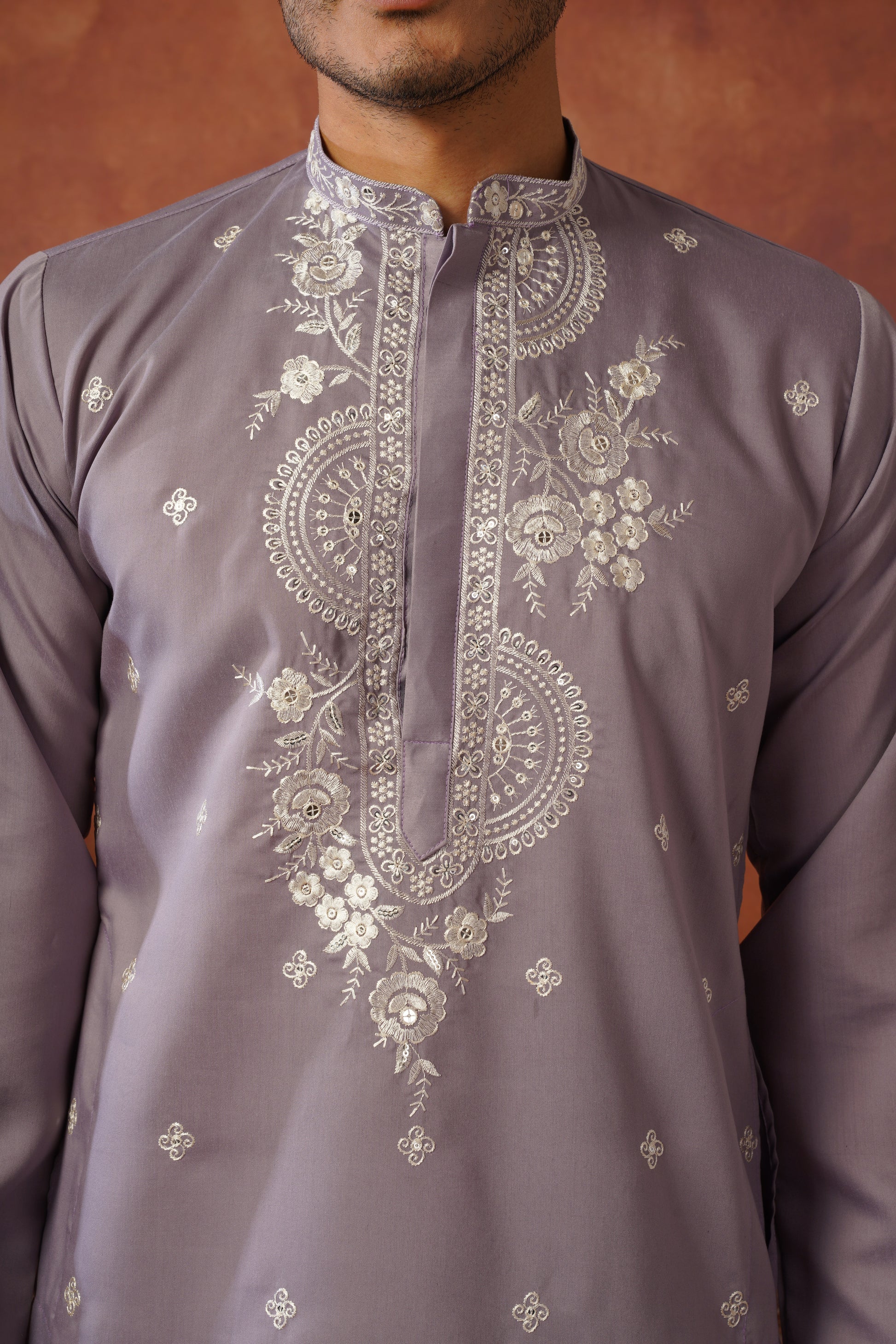 Floral Embroidered Neckwork Lavender Kurta Set for Men