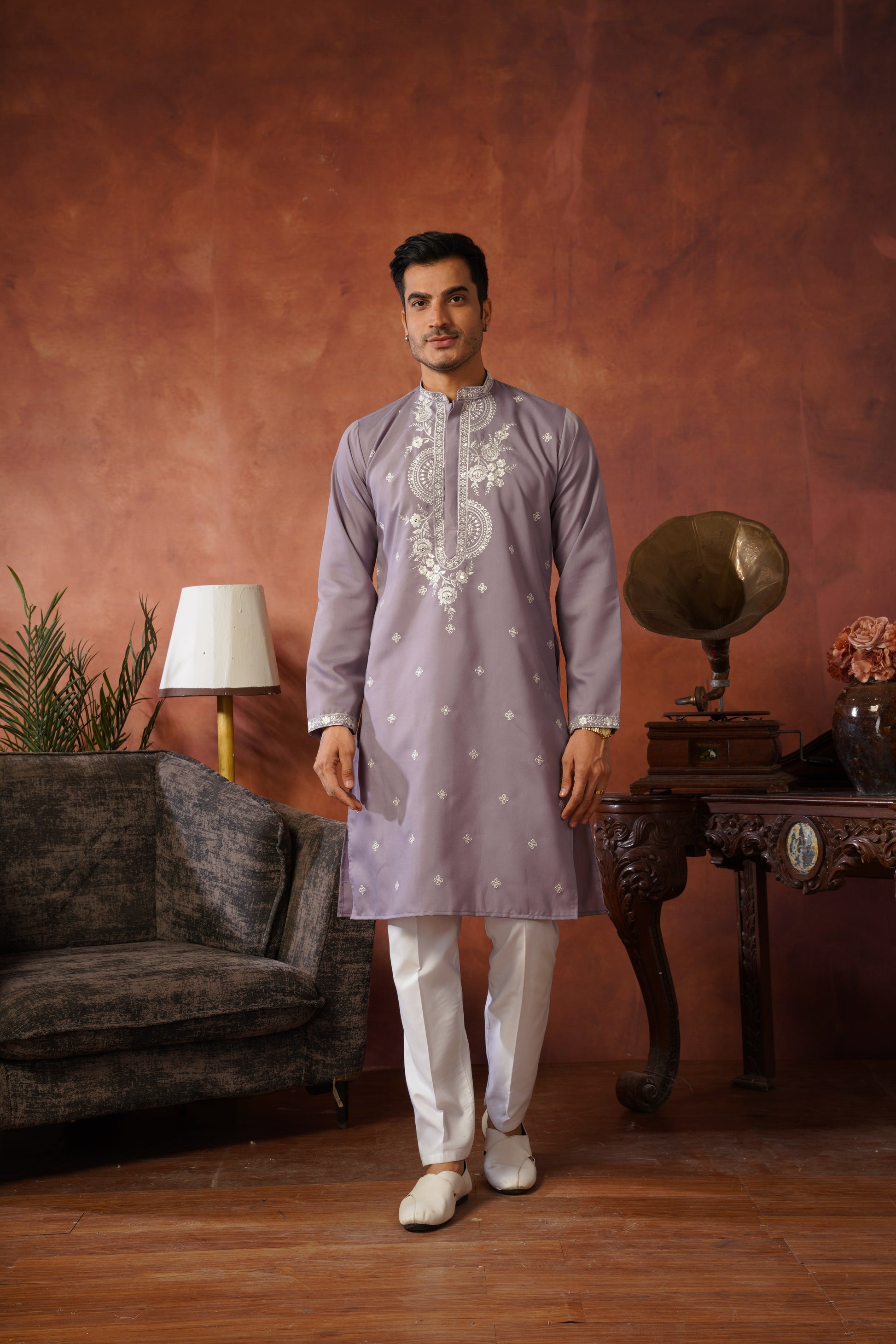 Floral Embroidered Neckwork Lavender Kurta Set for Men