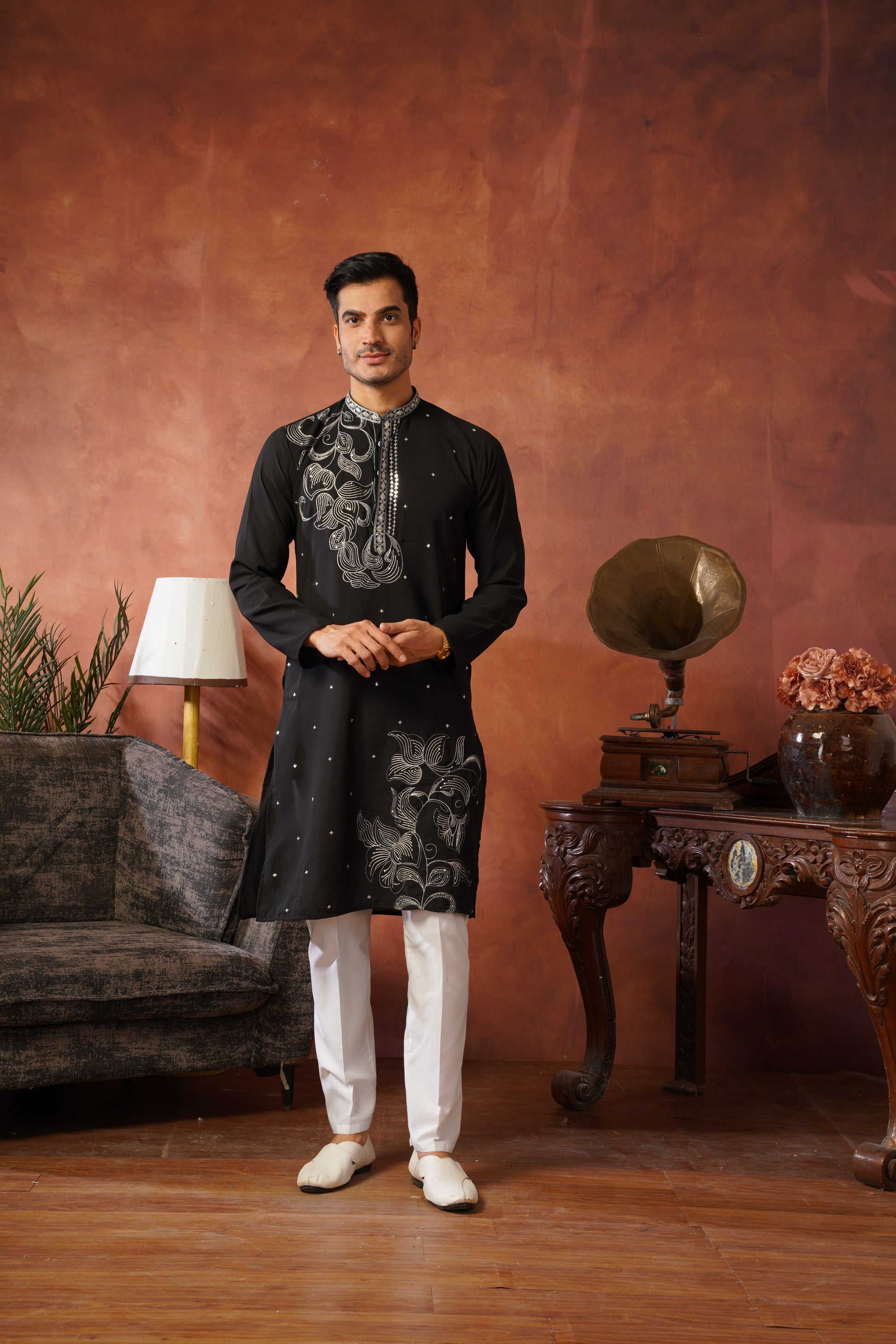 Luxury Neckwork Embroidered Black Kurta Set for Mens