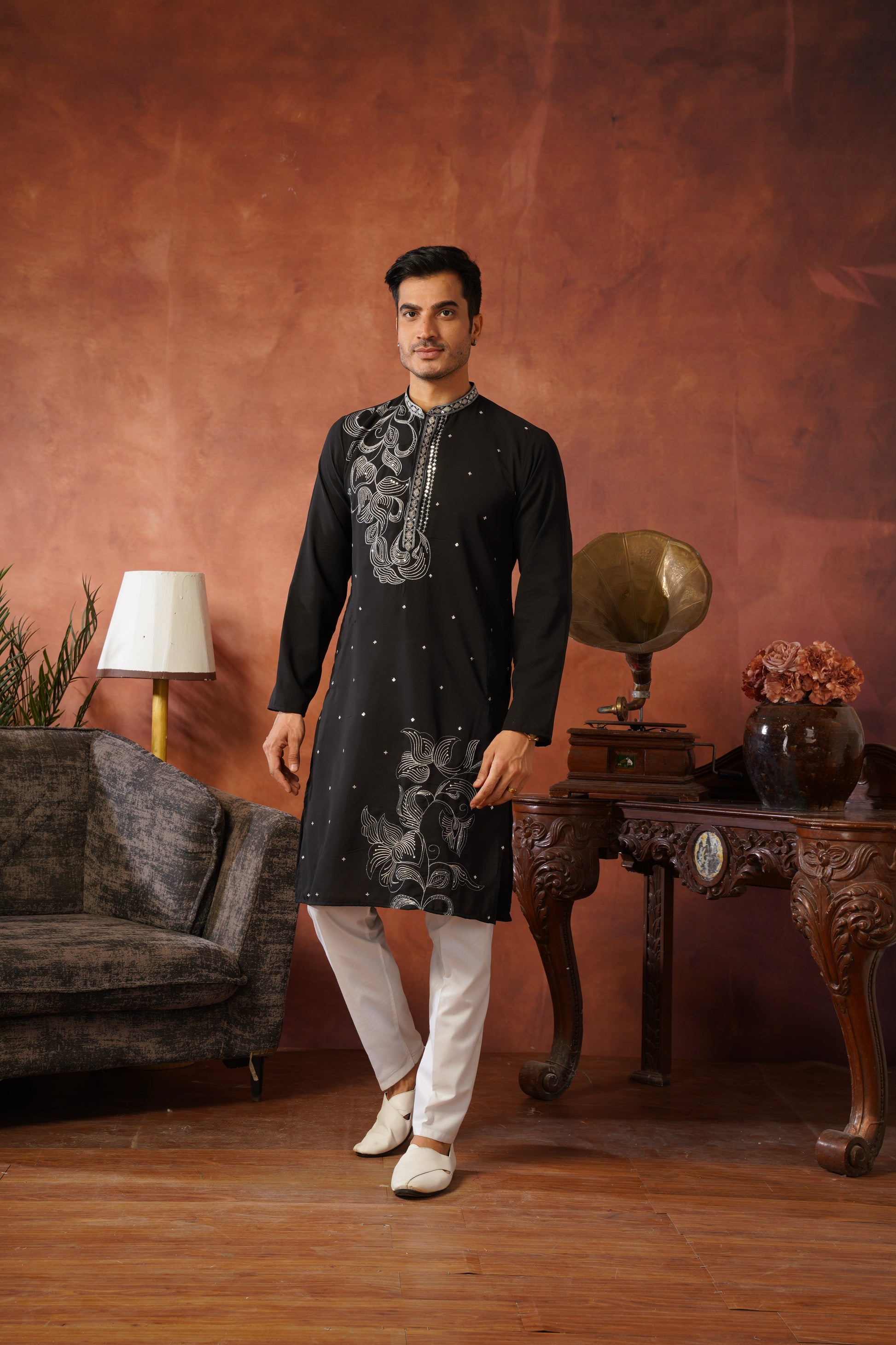 Luxury Neckwork Embroidered Black Kurta Set for Mens